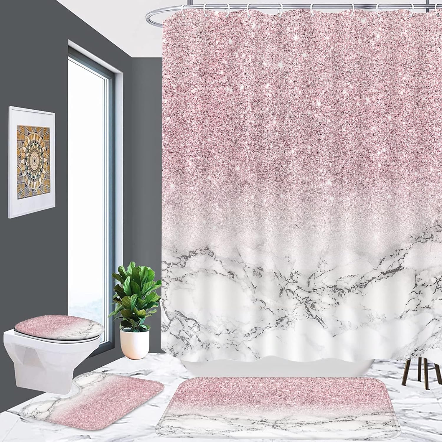 juwute 4 Pcs Pink Shower Curtain Set Marble Bathroom Shower Curtain Sets with Rugs and Accessories ,Shiny Toilet Lid Cover Bath Mat and Flash Contour Mat Sets,12 Hooks,Polyester,Waterproof : Home & Kitchen