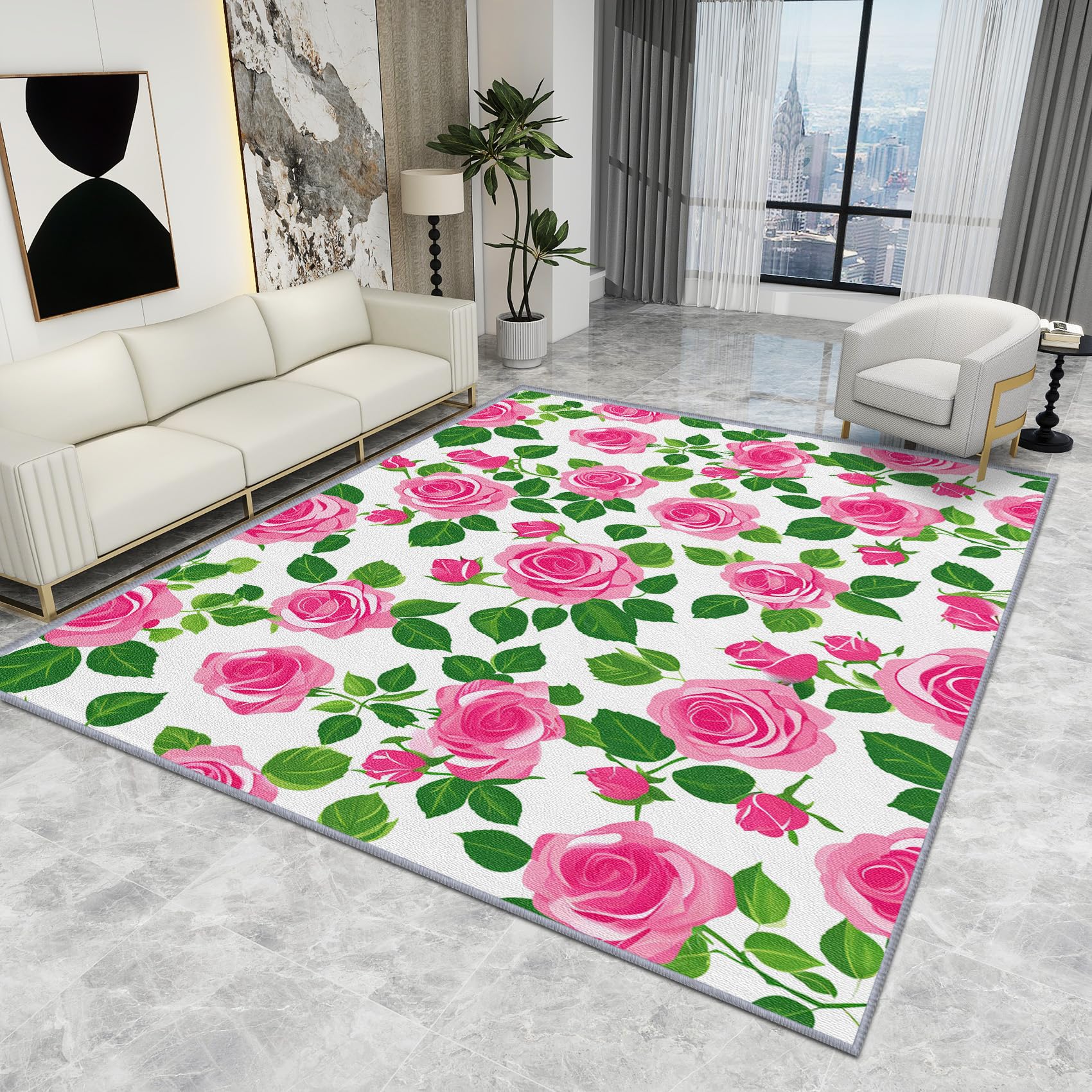 Floral Rugs for Bedrooms - Floral Rug - Pink Rose Flower Botanical Rugs, Romatic Watercolour Floral Carpet, Washable Rug Non Slip Low Pile Soft Large Area Rugs, Floral Home Decor Gifts, 160 X 230 cm