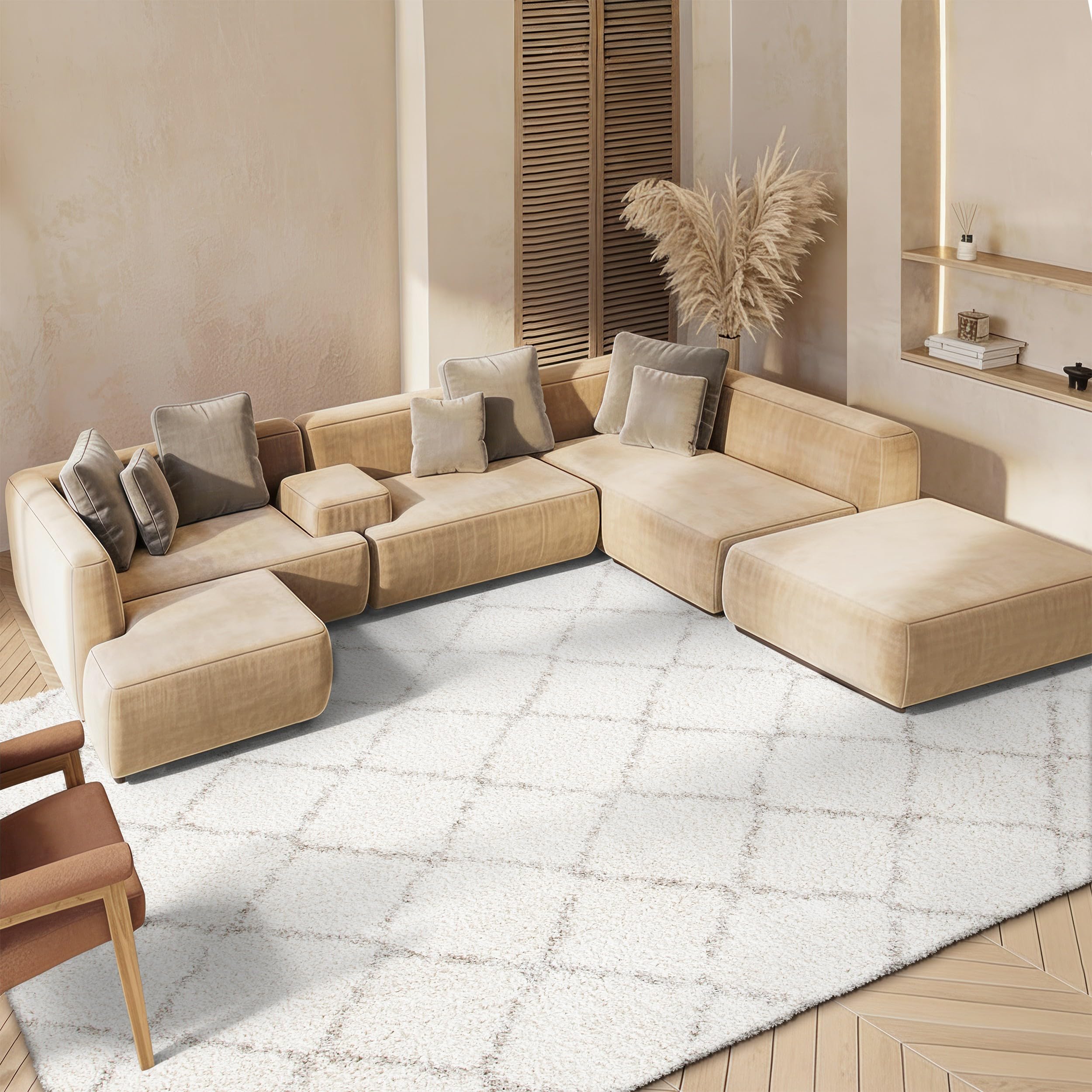 Tapis de salon haut de gamme à poil court Arizona Shag ivoire et beige élégant