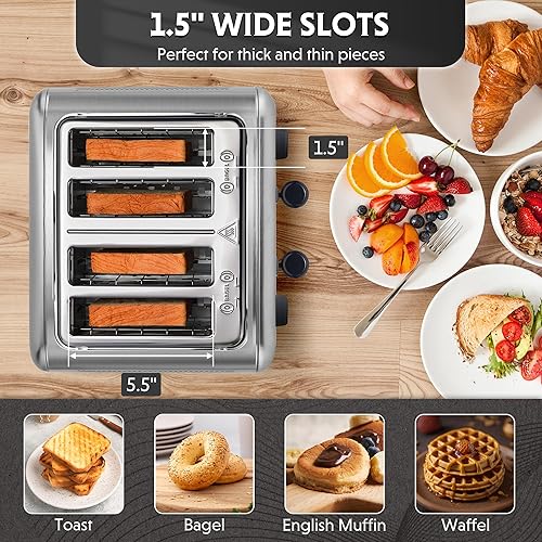 Miniatura 4 de BUYDEEM DT640 Retro 4 Slice Toaster, 7 Shade Settings, Extra Wide 1.5'' Slots, Stainless Steel Toaster with Bagel Muffin Defrost Reheat Function,