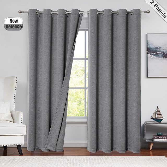 Beauoop Room Darkening Curtains Linen Textured 90% Light Blocking Triple Weave Thermal Insulated Energy Efficient Noise Reducing Drapes Grommet Window Treatment, 2 Panels (50 W x 90 L, Charcoal)