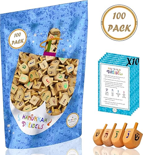 Miniatura 20 de Dreidels Hanukkah Draydel de madera natural con tarjetas de transliteración e instrucciones en inglés (paquete de 25)