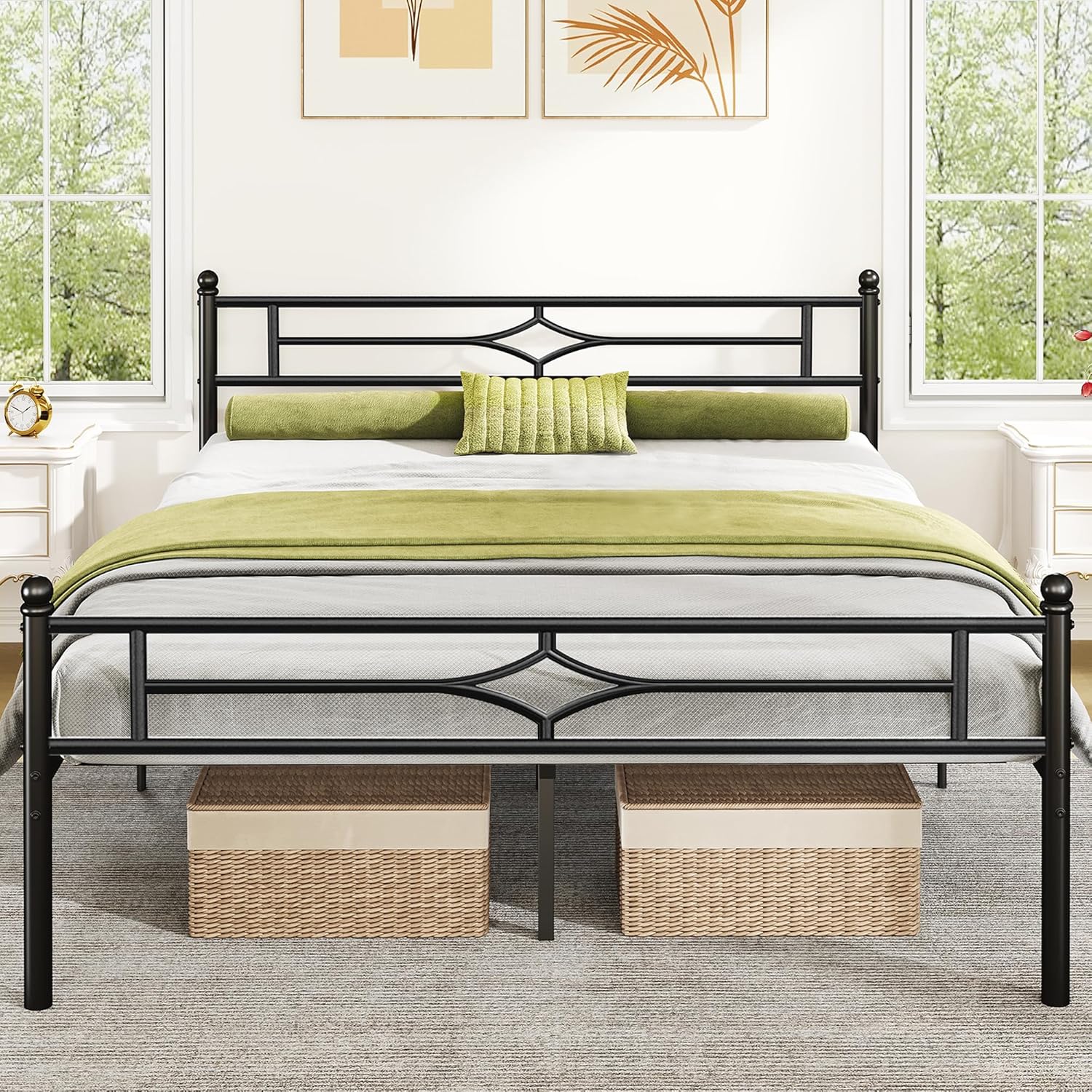 Metal Bed Frame Queen Size with Vintage Headboard and Footboard, Sturdy Queen Bed Frame, 12.5 Inch Under Bed Space, No Box Spring Needed, Easy to Assemble, Noise Free, Black