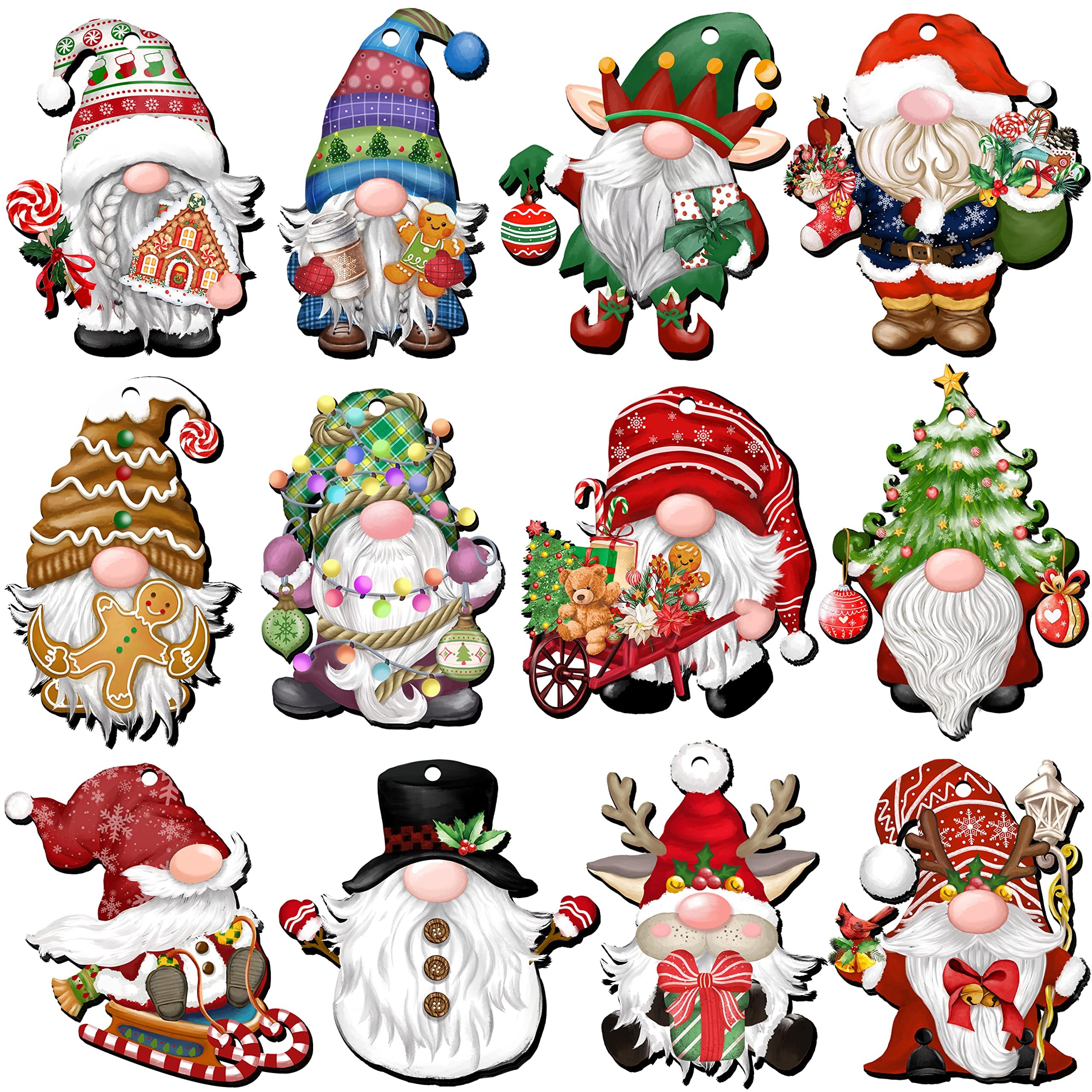 COOLive 24 Pieces Christmas Wooden Gnome Ornaments - Hanging Decorations for Tree, Holiday Party Supplies