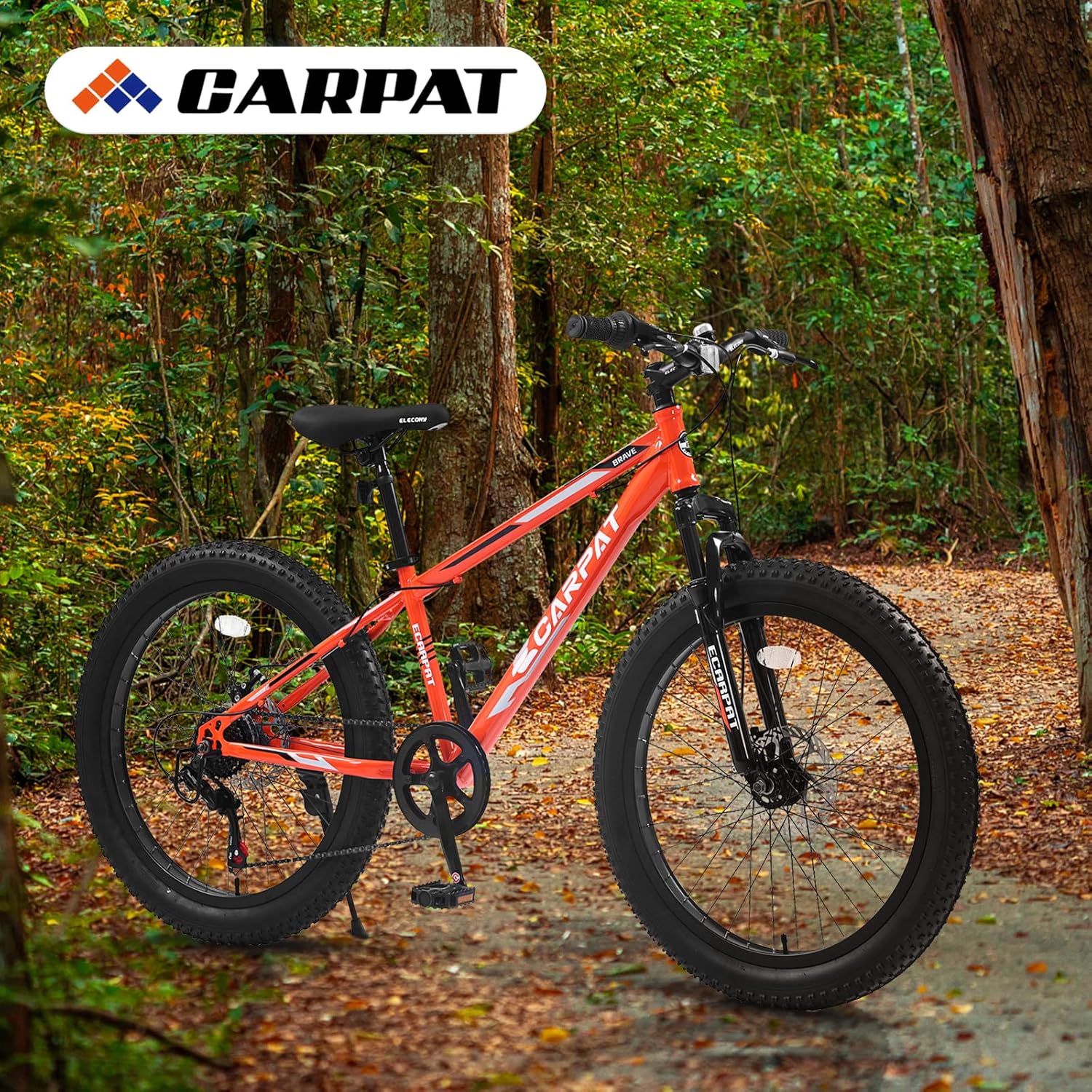 24 Inch Fat Tire Bike Adult/Youth Full 7 Speeds Mountain Bike, Dual Disc Brake, High-Carbon Steel Frame, Front Suspension, Mountain Trail Bike, Urban Commuter City Bicycle