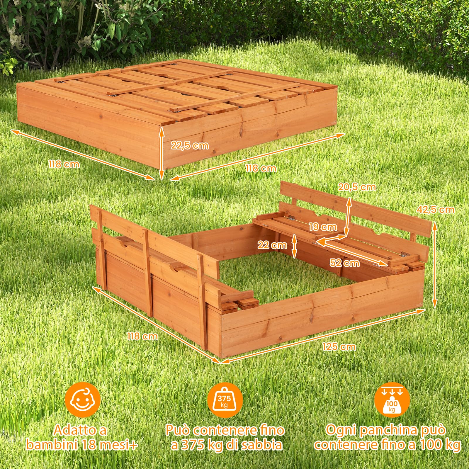 GYMAX Scatola di Sabbia in Legno per Bambini, Gioco da Spiaggia per Esterni con Panche Pieghevoli e Rivestimento Inferiore per Giardino, Cortile, Spiaggia, Sabbiera per Bambini 18+ Mesi