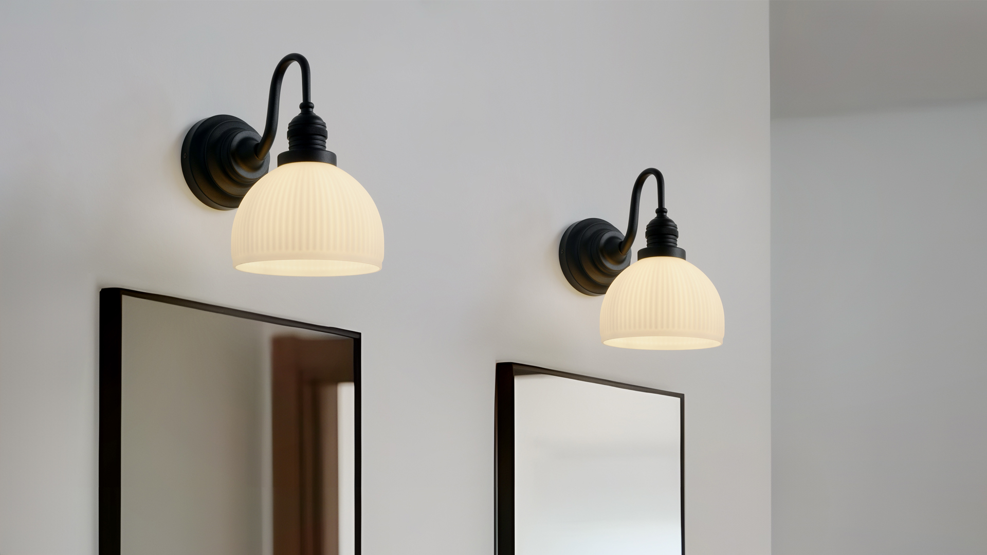 Image of Black Wall Sconce Vintage Milk Glass Bathroom Vanity Light | Bathroom Light Fixtures,Matte Black,Thick Half-Round Glass Shade,Hardwired Only,E26 Base,for Bathroom Mirror Hallway