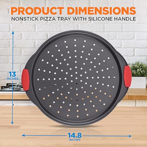 Miniatura 11 de NutriChef NCBPIZ1 Bandeja antiadherente para pizza de 13 pulgadas, bandeja redonda de acero al carbono antiadherente para hornear pizza con agujeros