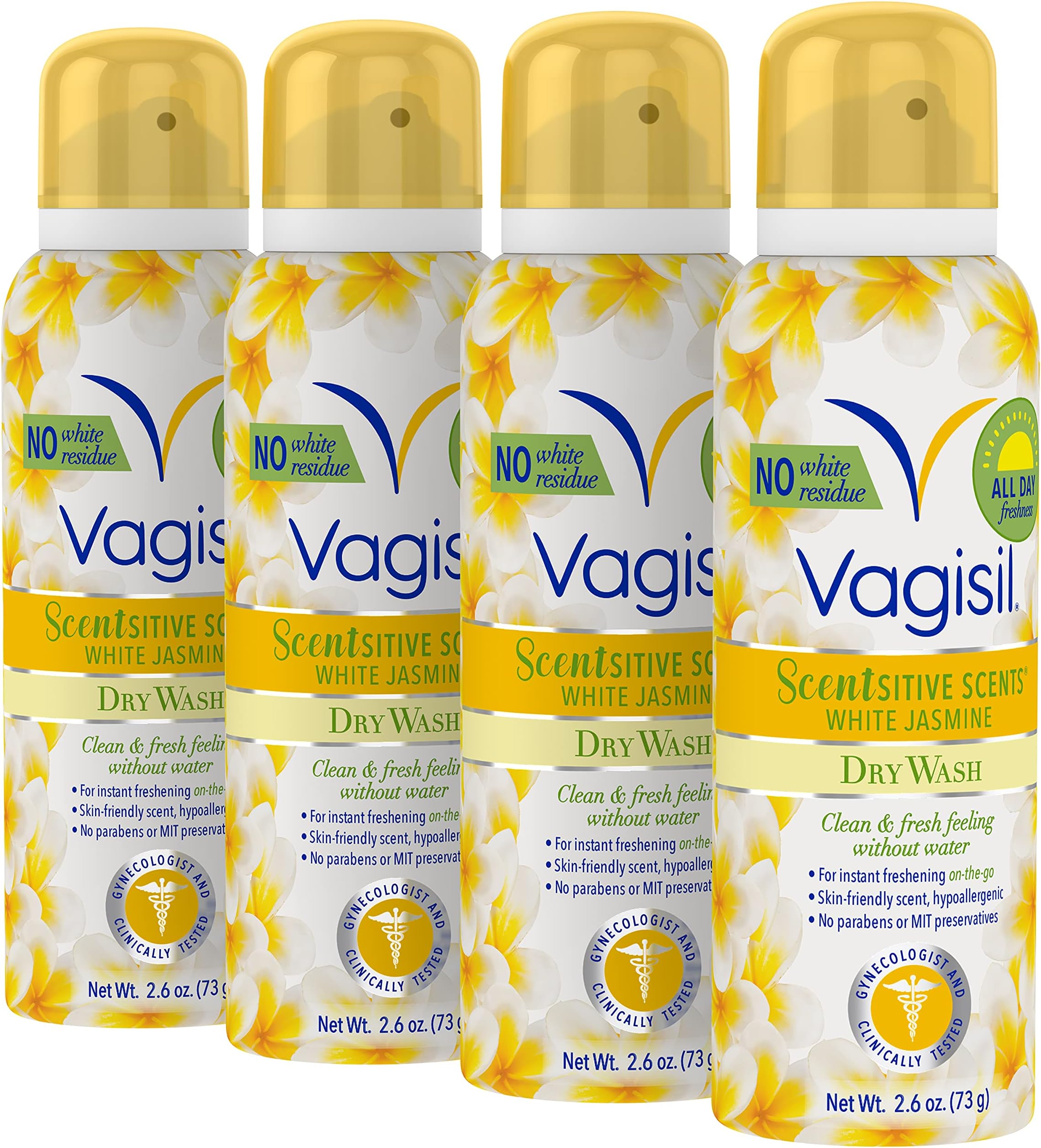 Vagisil Scentsitive Scents Feminine Dry Wash Deodorant Spray for Women, Gynecologist Tested, Paraben Free, White Jasmine (Pack of 4)