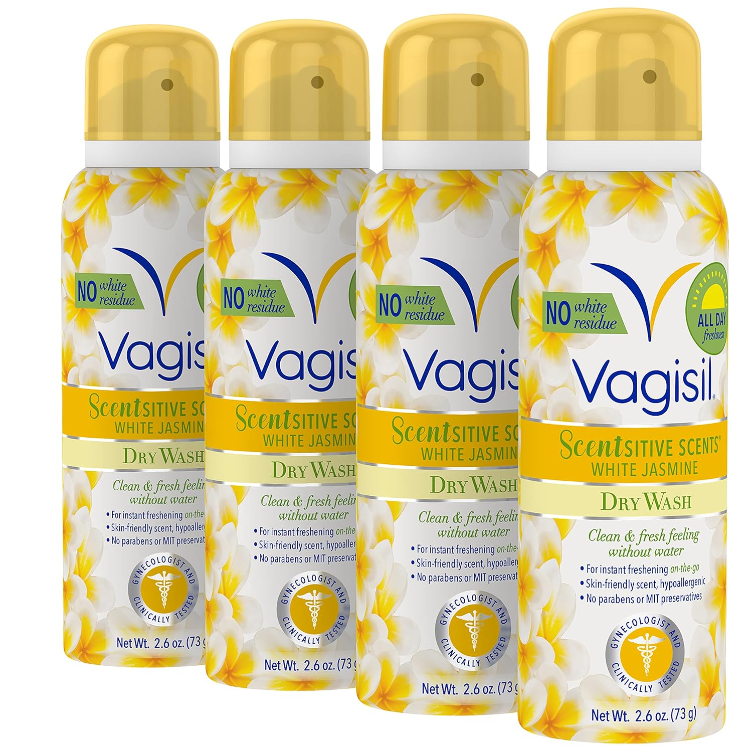 Vagisil Scentsitive Scents Feminine Dry Wash Deodorant Spray for Women, Gynecologist Tested, Paraben Free, White Jasmine, 2.6 Ounce (Pack of 4)