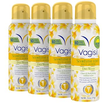 Vagisil Scentsitive Scents Feminine Dry Wash Deodorant Spray for Women, Gynecologist Tested, Paraben Free, White Jasmine, 2.6 Ounce Pack of 4