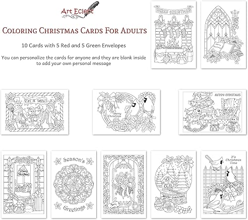 Miniatura 4 de Art Eclect Tarjetas navideñas para colorear para adultos, 10 tarjetas diferentes cada una, 5 sobres rojos y 5 verdes incluidos (Navidad F110)