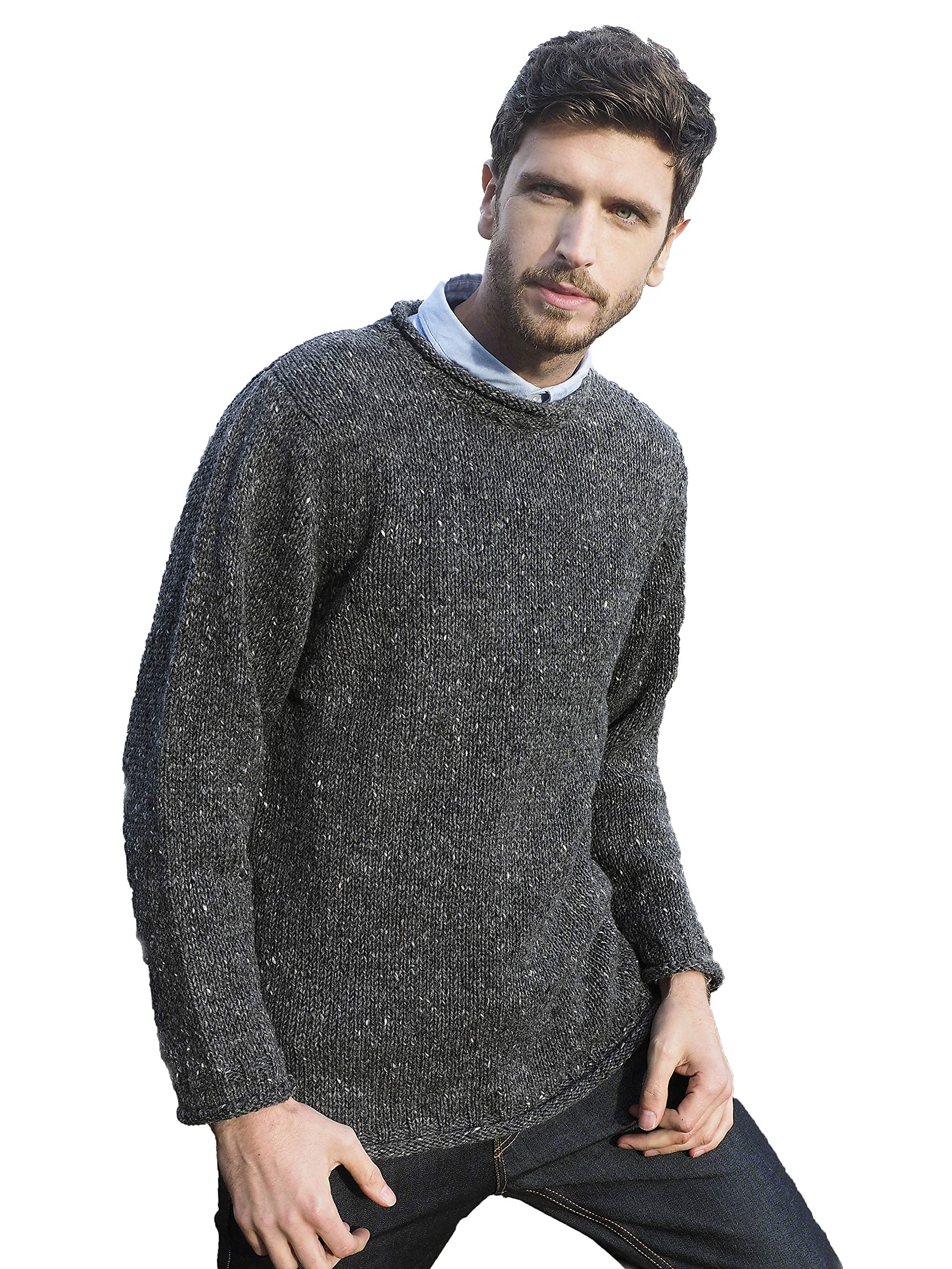 Aran CraftsMen's Irish Cable Knitted Curl Neck Sweater (100% Donegal Wool)