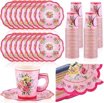 300 Pcs disposable paper tea cups for tea party Bulk, include 9 oz Floral Paper Tea Cup Set with Handle and Saucers 10" vintage Napkins for Floral Tea Party Wedding Baby ShowerRose Red