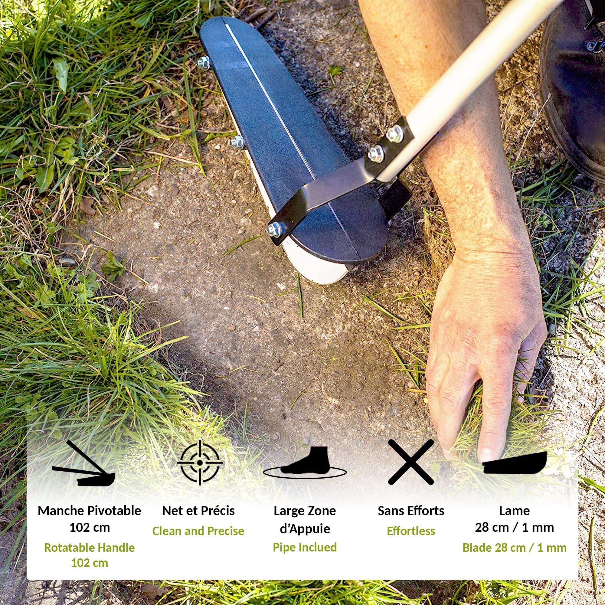 FISHTEC - Dresse Bordure de Jardin - Coupe Bordure Manuel - Lame Acier Tranchante 28 cm - Manche Pivotable & Maniable 102 cm - Permet de Délimiter Facilement Votre Pelouse - Large Zone d'Appui du Pied