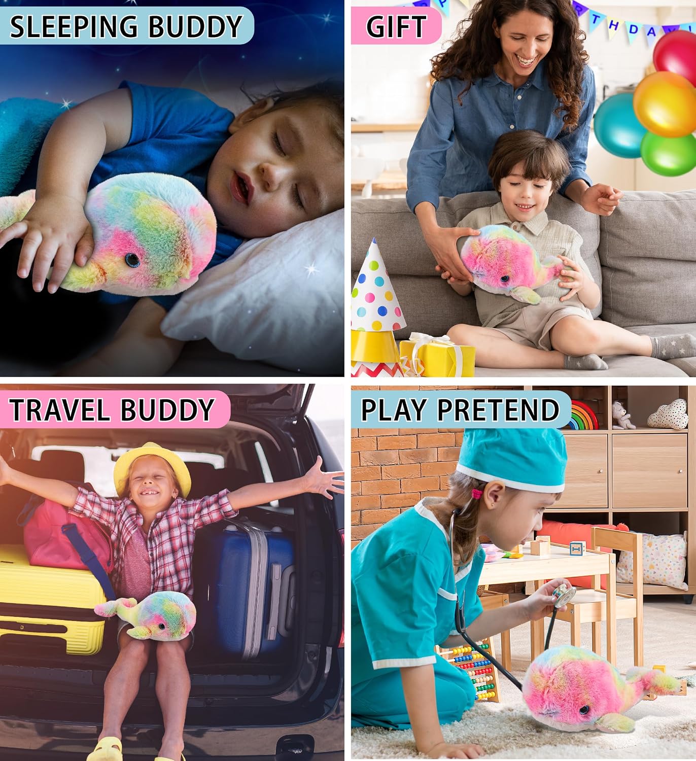 DolliBu Rainbow Whale Stuffed Animal – Soft Huggable Whale Stuffed Toy, Adorable Playtime Ocean Plush Toy, Cute Cuddle Gifts for Kids and Adults – 9 Inches