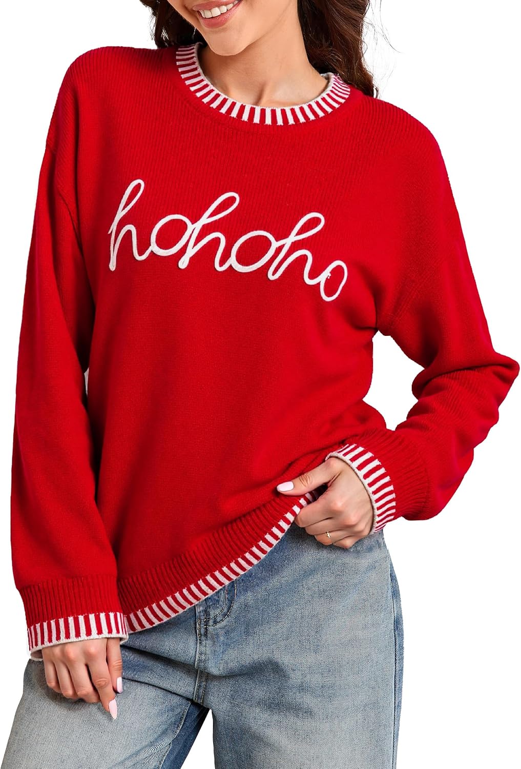 Simplee Womens Christmas Sweaters Long Sleeve Crewneck Oversized Sweater Fashion Winter Knitted Pullover Tops