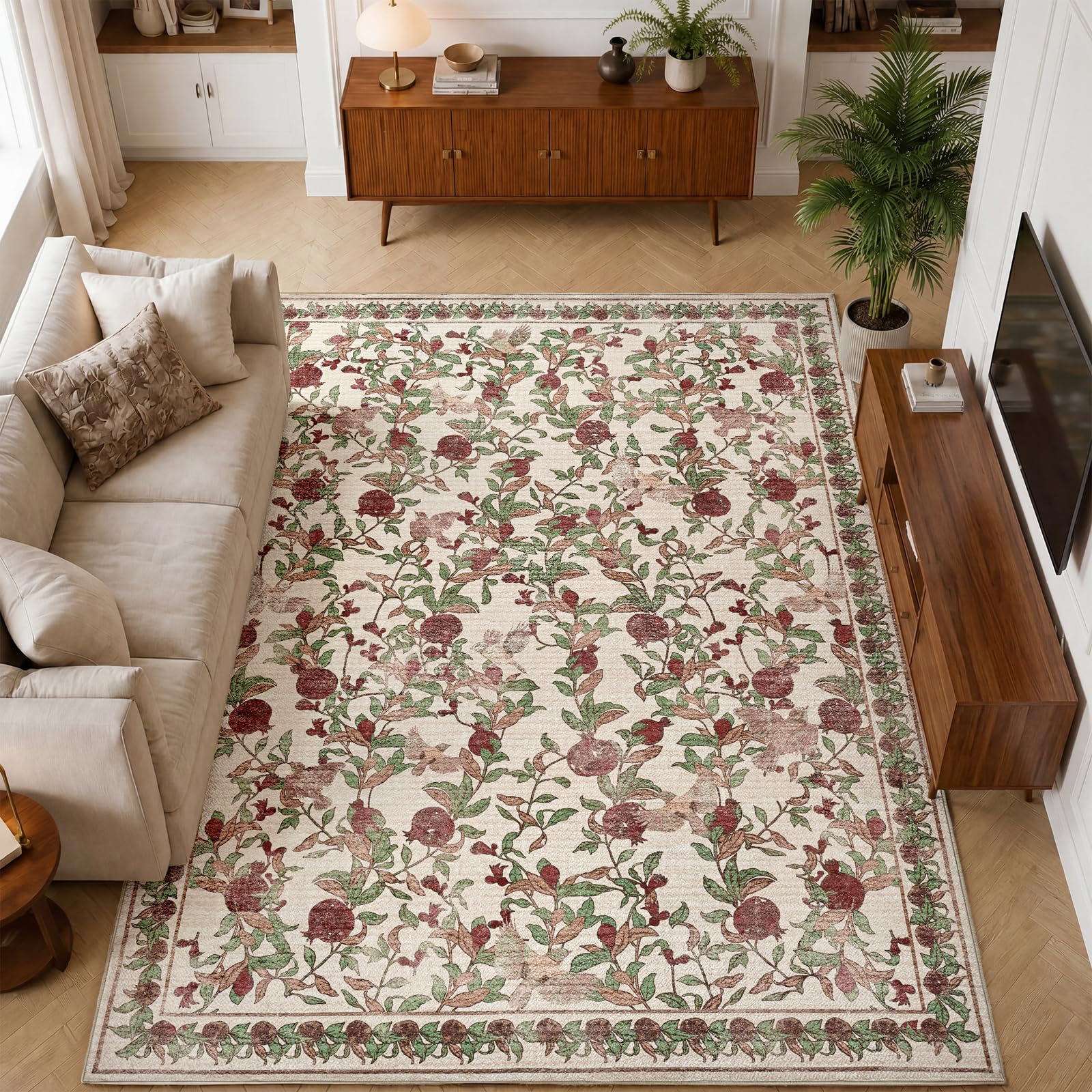 TOPICK Beige Red Extra Large Washable Rug for Living Room 200x290, Non-Slip