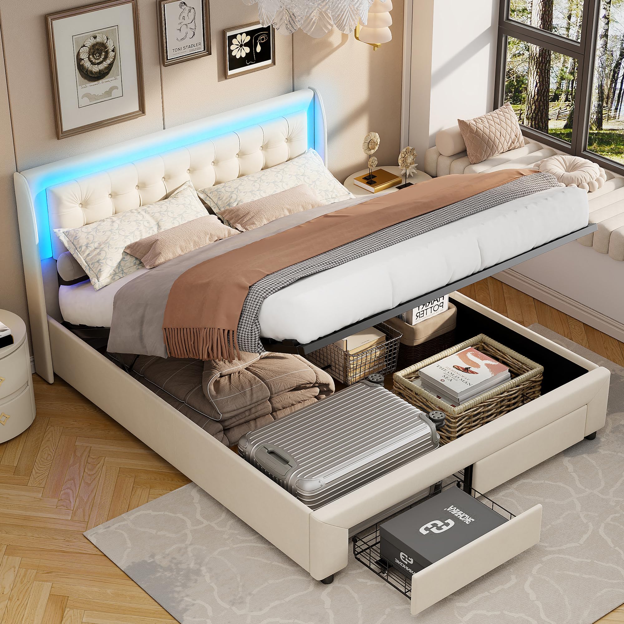 DULRLLY Lit Coffre 180x200 avec Éclairage LED et Rangement, Lit 2 Places avec 2 Tiroirs Rangement, Cadre de Lits avec Sommier à Lattes pour Adults et Ado, Sommier à Lattes, sans Matelas