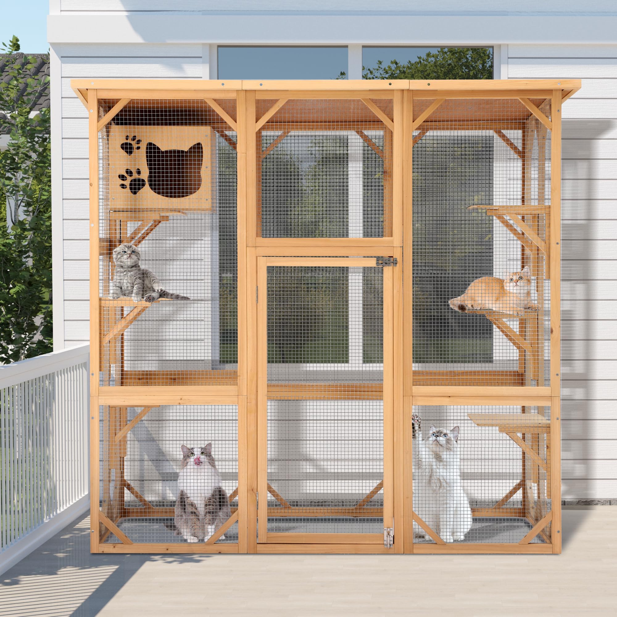 Catio Cat House Cage Enclosure, Outdoor/Indoor Wooden Cat Enclosures with Separate Kennel, 5 Large Platforms and Waterproof Asphalt Roof for Patio, Backyard (Burlywood)