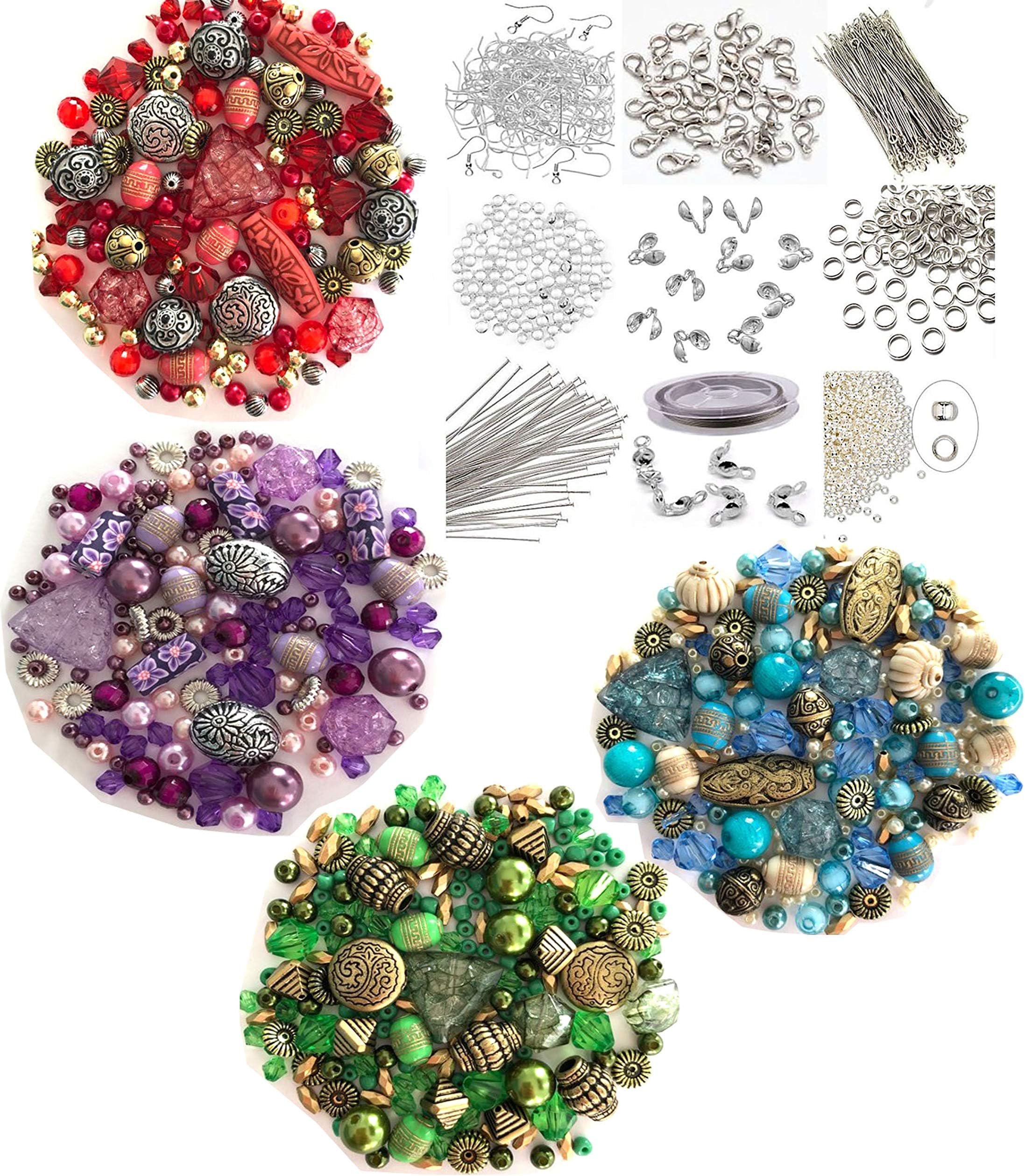 Approx X 400 Jewelry Making Beads Mix Starter Kit for Beginners in Purple Gold & Green Jewelry Findings