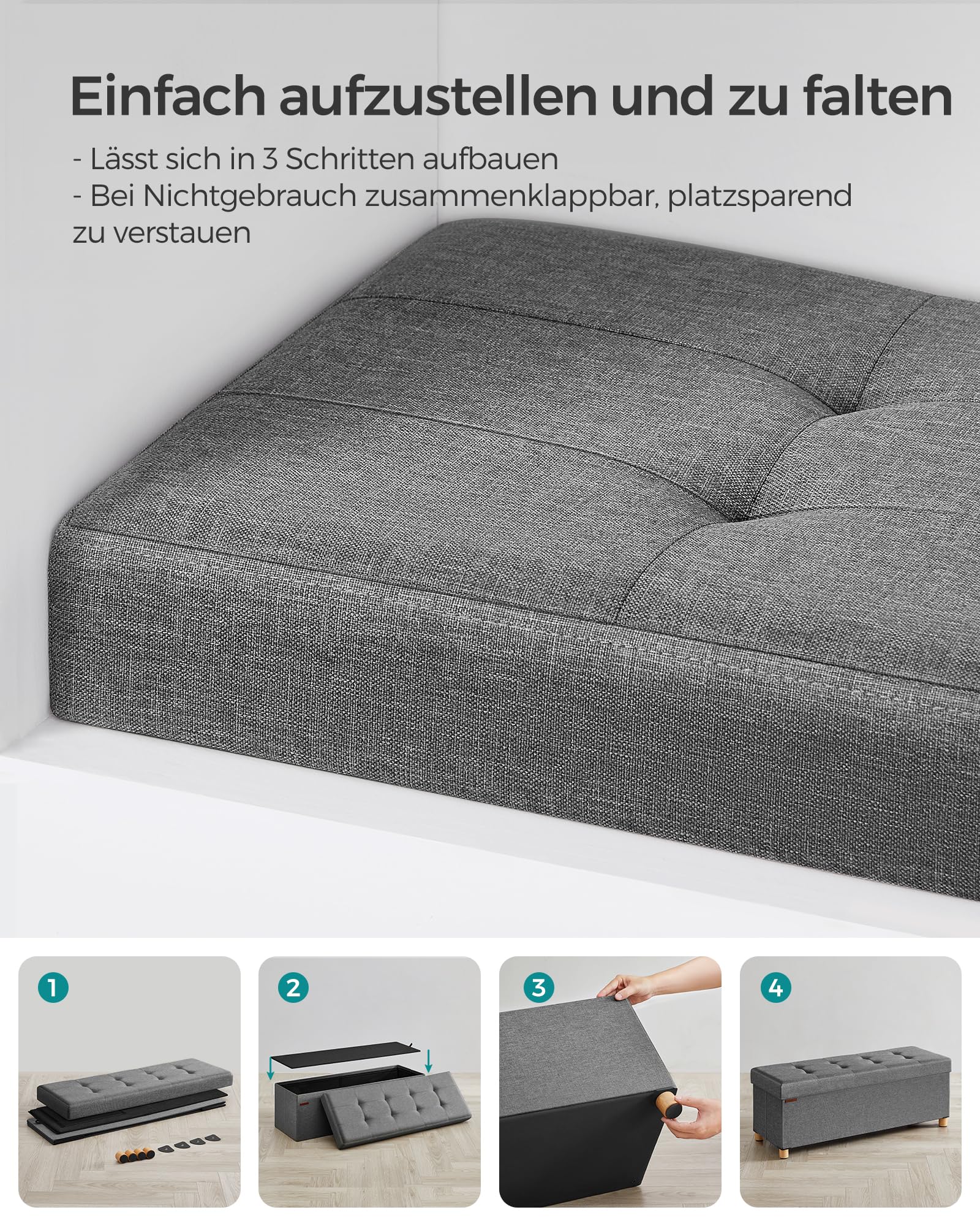 SONGMICS Sitzhocker mit Stauraum, klappbare Sitzbank mit Beinen, 38 x 110 x 40 cm Fußbank, Aufbewahrungsbox, bis 300 kg belastbar, für Wohnzimmer Schlafzimmer Flur, schiefergrau LSF018G11