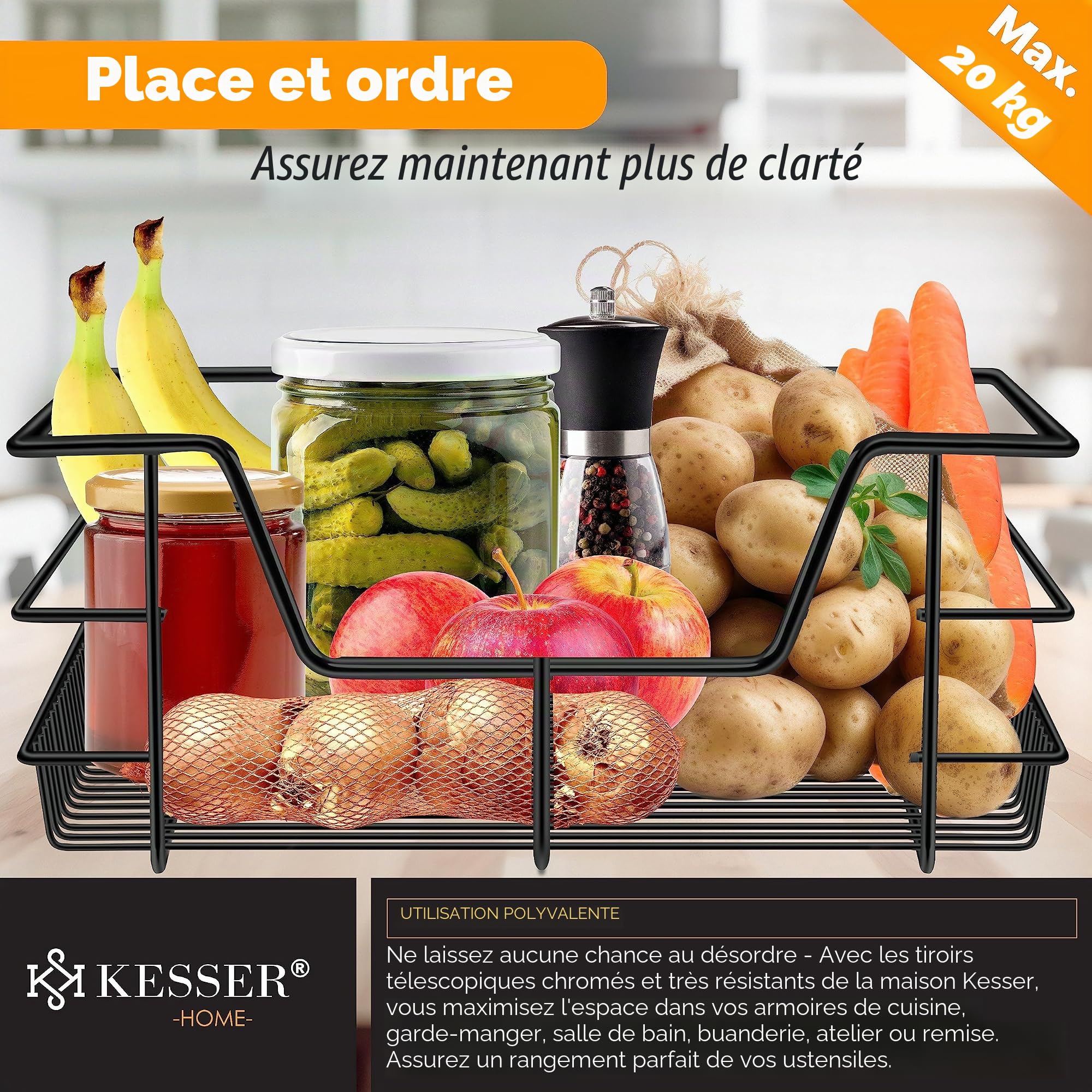 KESSER® tiroir télescopique, tiroir cuisine, armoire de cuisine, panier extensible, entièrement extensible