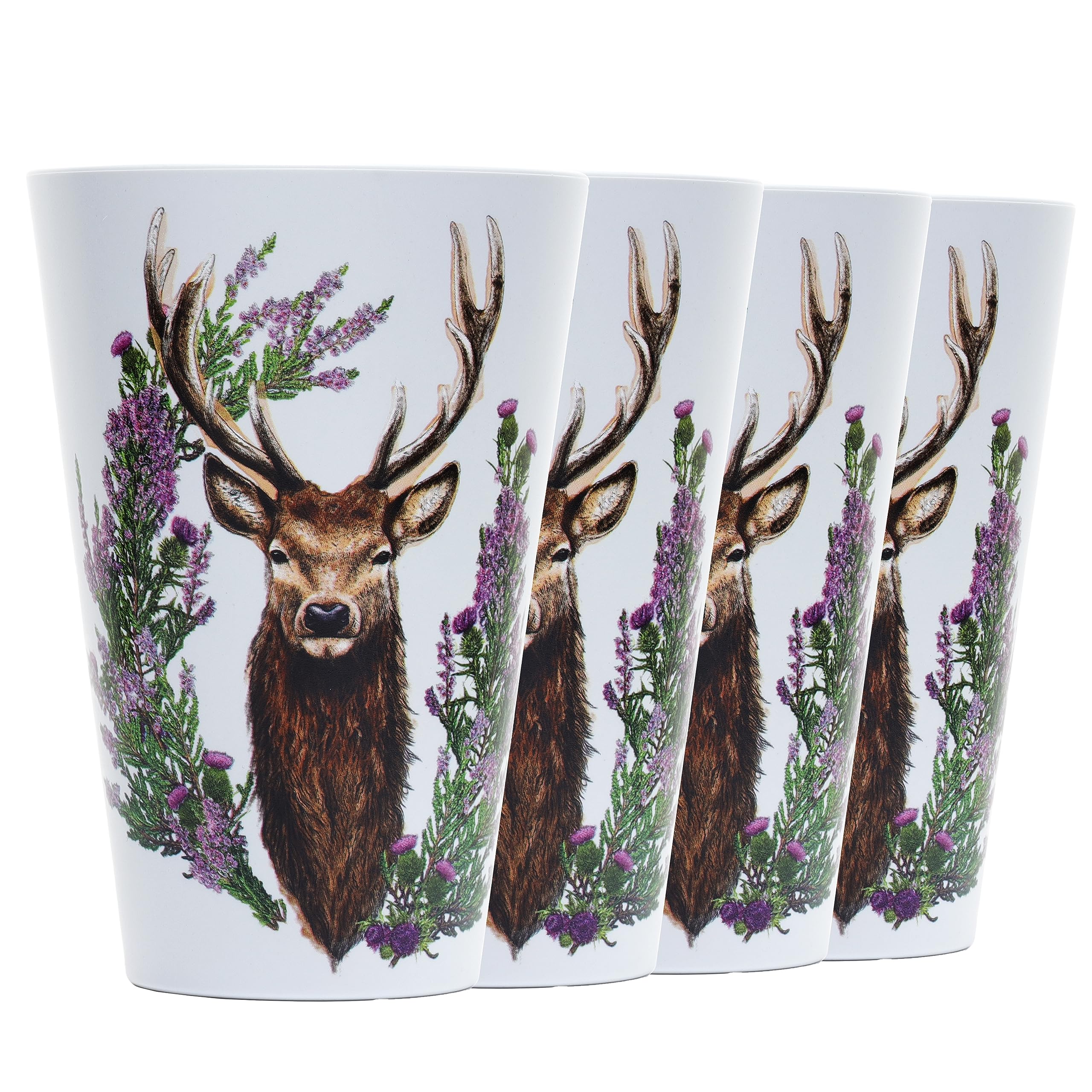 Puckator Wild Stag 4Pc Picnic Cups 450Ml Out Of Recycled Plastic Bottles - Plastic Tumblers Cups Reusable - Camping Mugs Cups Set Of 4 - Unbreakable Picnic Glasses For Kids Adults - Glassware