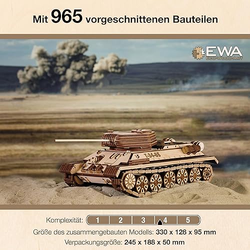 Miniatura 4 de EWA Eco Wood Art 3D Puzzle de madera para adultos y adolescentes - T-34-85 Tanque 965 piezas - Modelo con motor de banda de goma, kit de bricolaje