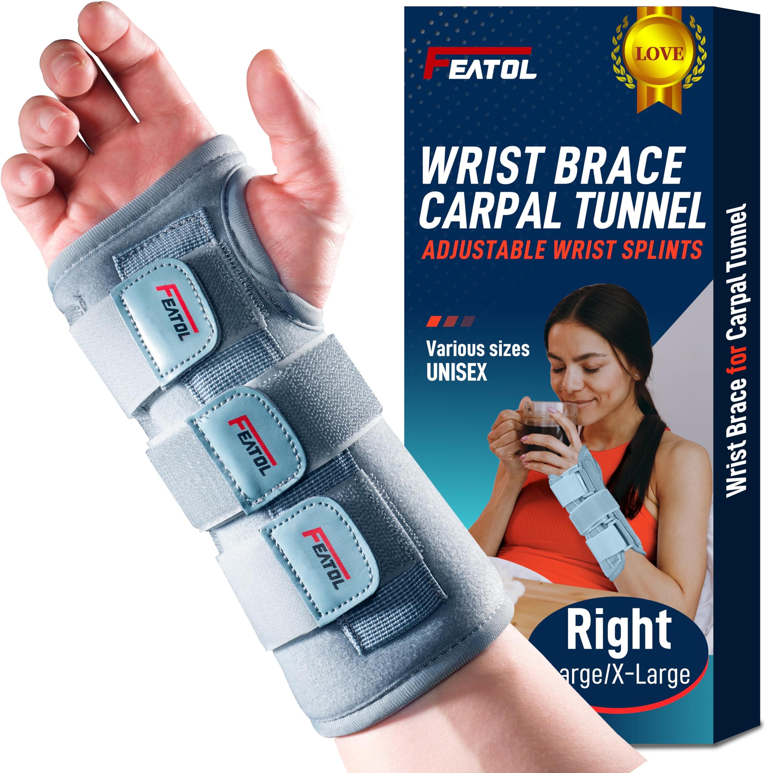 Wrist Brace for Carpal Tunnel for Women Men, Adjustable Night Sleep Support Brace with Splints Right Hand, Medium/Large