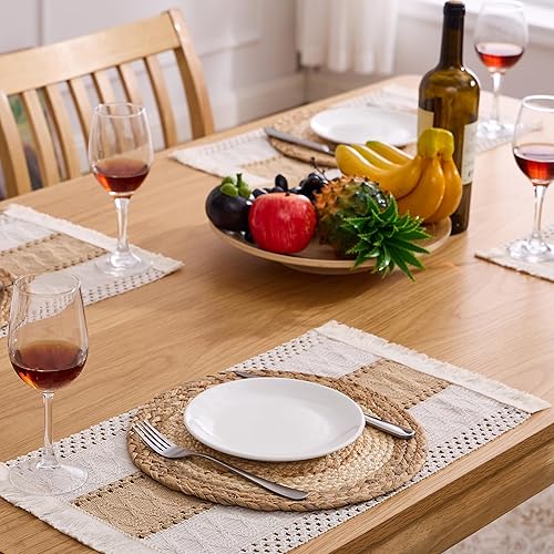 Miniatura 3 de Juego de 6 manteles individuales bohemios hechos a mano, arpillera de algodón natural y paja de agua, tejido de ratán trenzado, combinados, manteles