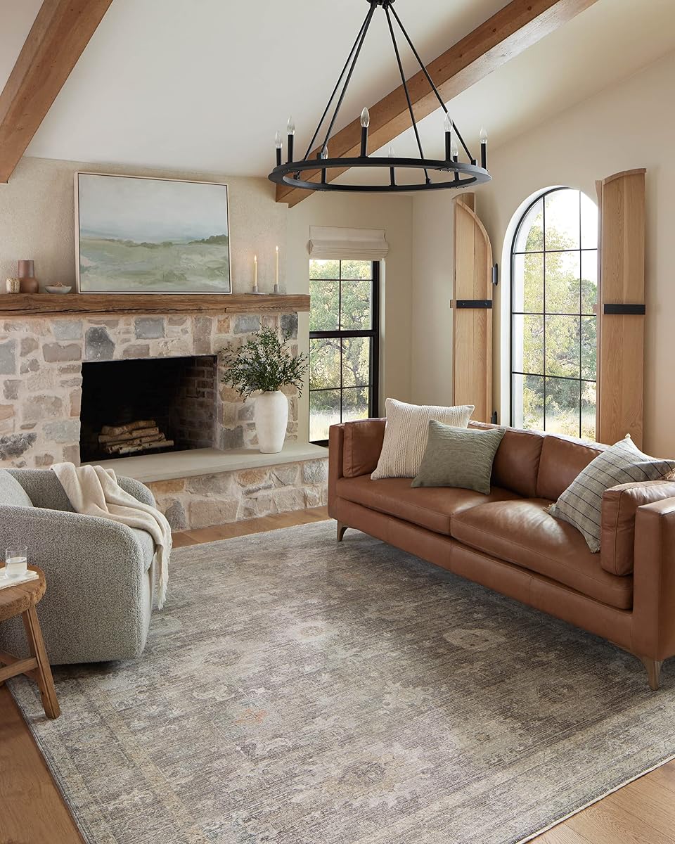 Loloi Magnolia Home Millie Stone/Natural 5'-3" x 7'-6" Area Rug | Magnolia Home by Joanna Gaines MIE-05 Approx. 5x7 Grey Living room Dining room Bedroom, Vintage Inspired, Muted, Area Rug