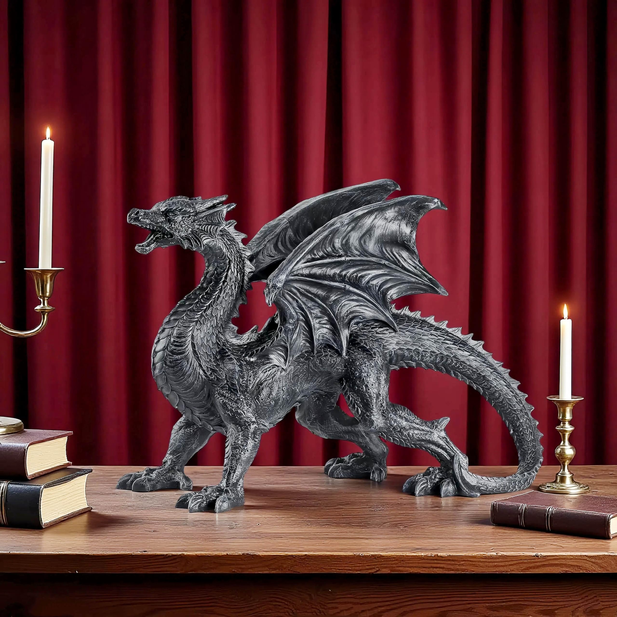 Outour Black Big Size Gothic Medieval Mythic Guardian Roaring Winged Dragon Figurine Statue Fantasy Decoration Table Halloween Decor Resin Home Bedroom Man Cave Decor Gift 19.2 Inches Long
