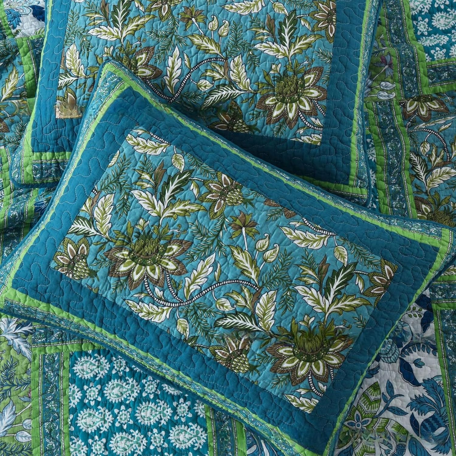 ABREEZE 3 Pieces Patchwork Quilted Coverlet Bedspread Set Comfy Comforter Bedding Sets Farmhouse Bedding Set Comforter Set Floral Quilt Set Bedspread Coverlet Quilt Queen Siz,Green