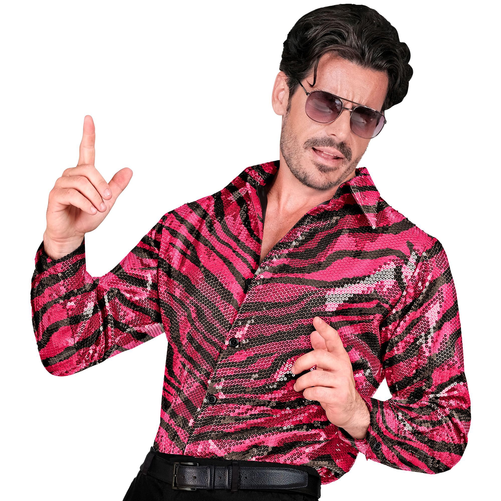 Widmann 12458 Party Fashion Pailletten Hemd für Herren Sequin Shirt, Striped, Zebra Pink, L/XL