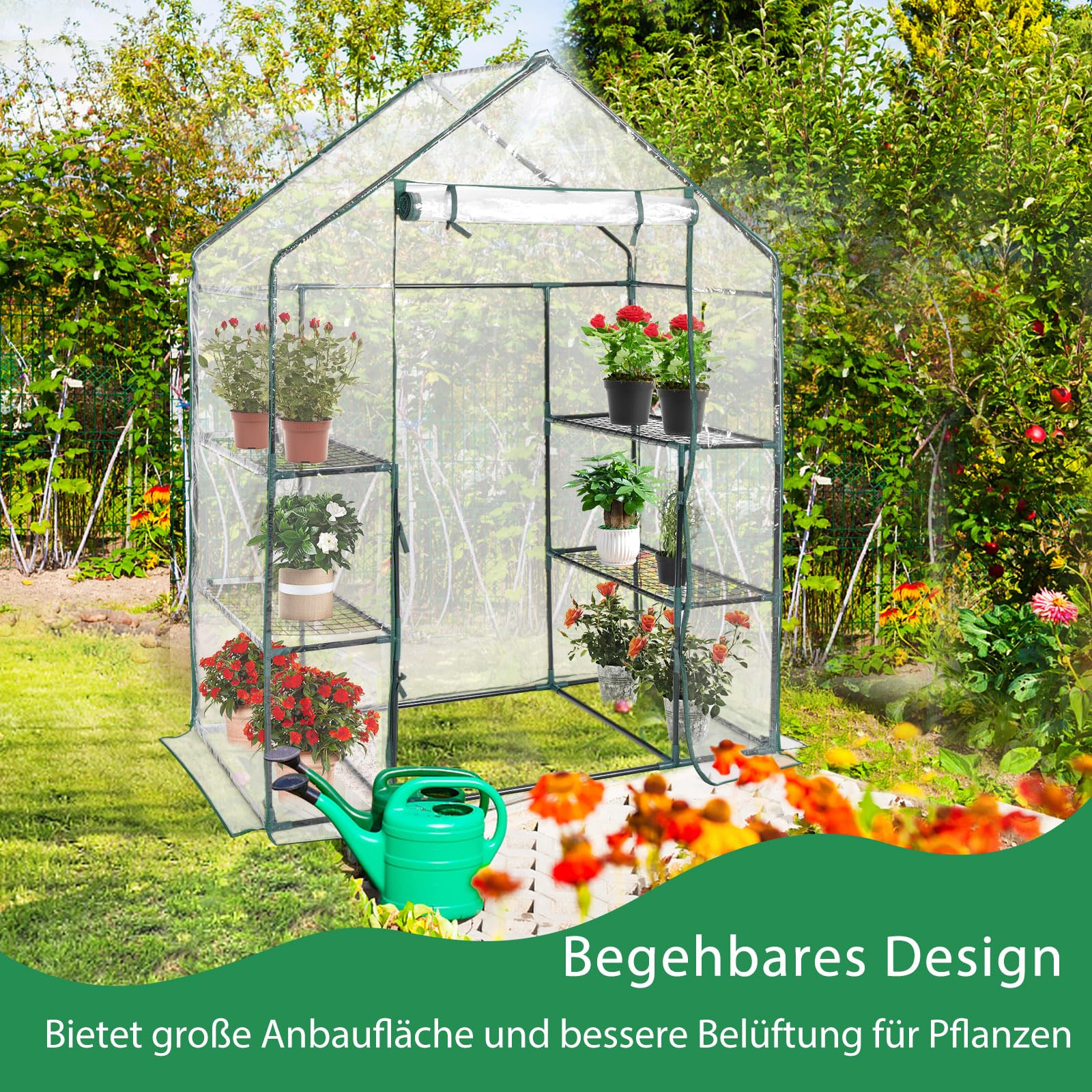 COSTWAY Gewächshaus Foliengewächshaus, Treibhaus mit 2 Pflanzenständern & aufrollbaren Tür, Tomatenhaus Tomaten, Pflanzenhaus mit PE Gitterfolie, 143x73x195cm, Weiß und transparent