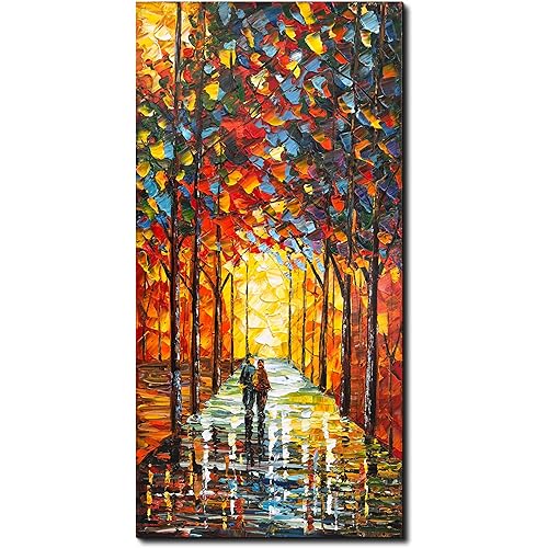 Creespi Hand painted Romantic Landscape Oil Painting On Canvas 24x48 inch,Contemporary Abstract Vertical Textured Wall Art Home Wall Decoration