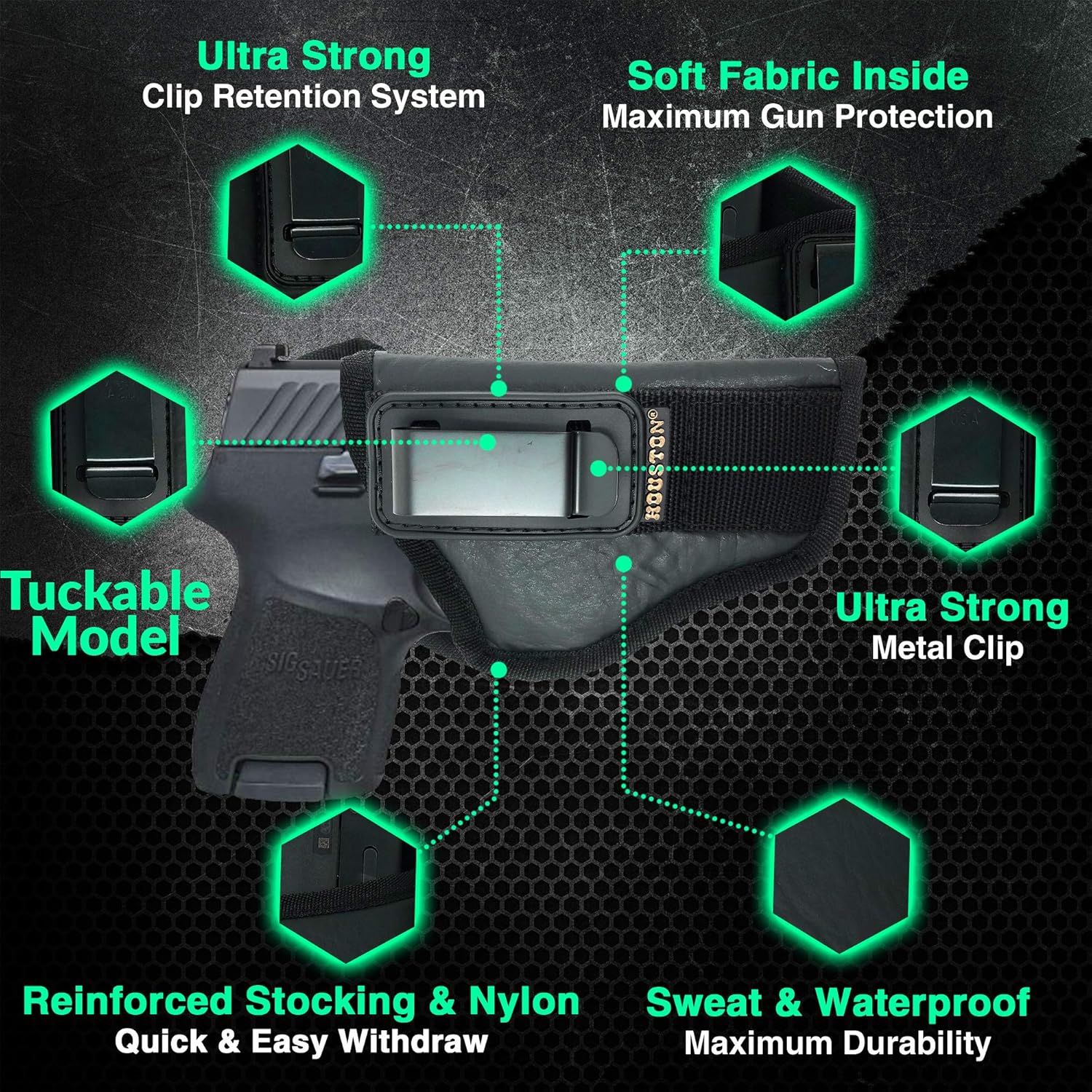 IWB Tuckable Gun Holster for Men Concealed Carry Glock Sig P250 Sub Comp, XD Mod. 2-3" 40 & 45, XD9 Sub Comp, Glock 30 / 30S / 39 - Gun Holster for Women/Men - Concealed Holsters by Houston