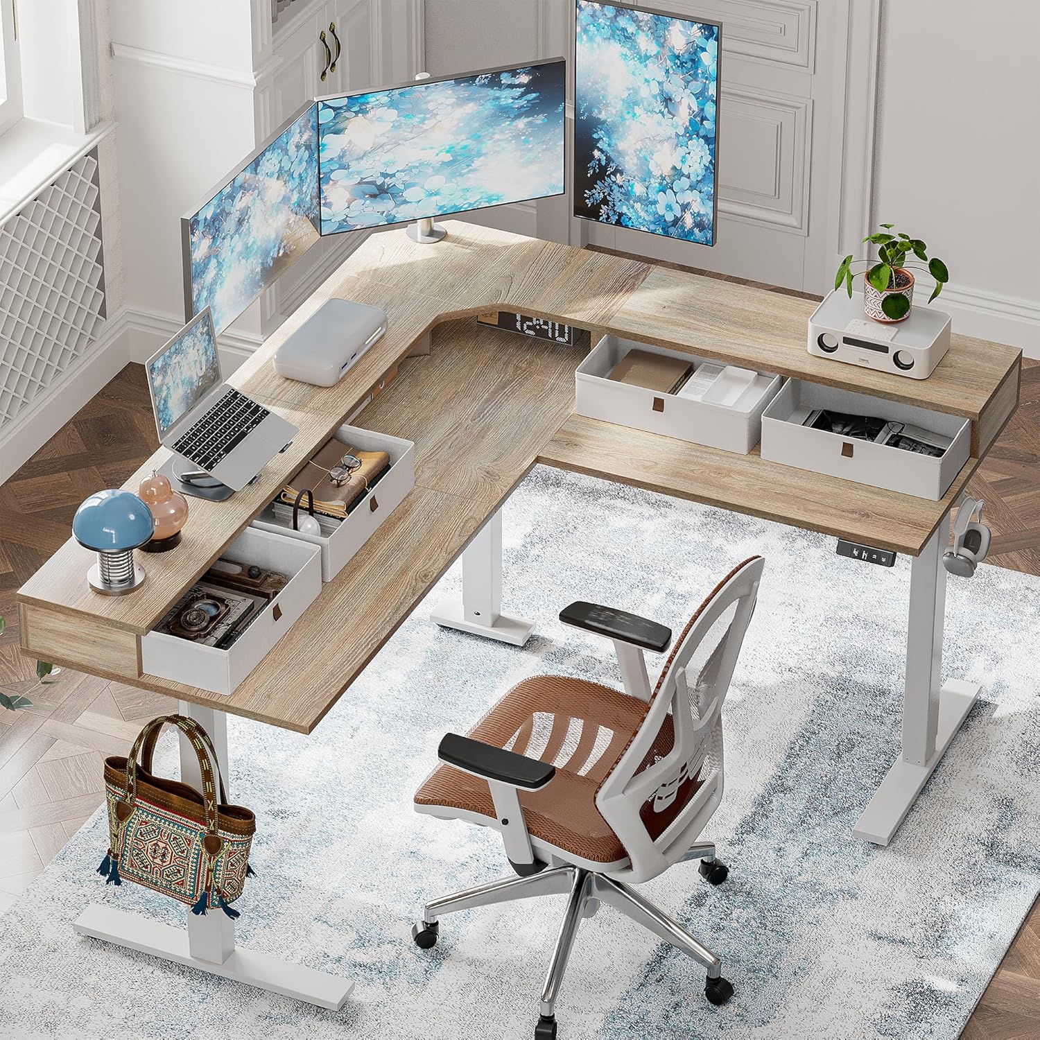 TIQLAB L Shaped 63 x 55 inch Standing Desk Adjustable Height, Electric Corner Standing Desk with 4 Drawers and Upper Shelf, Sit Stand Computer Table with Splice Board, Maple