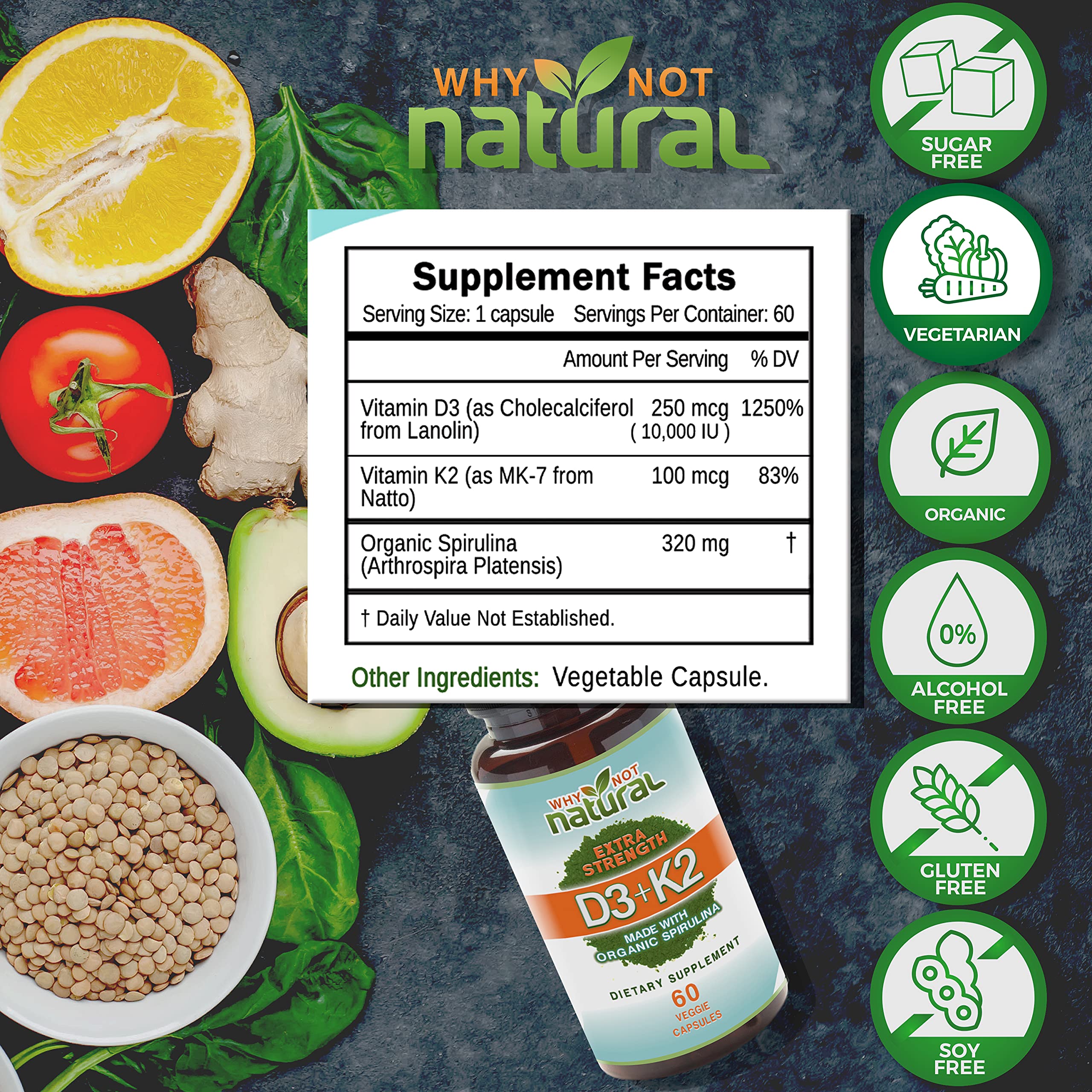 Vitamina D3 K2 (MK7) con espirulina orgánica, supleme...B074GTBN7V