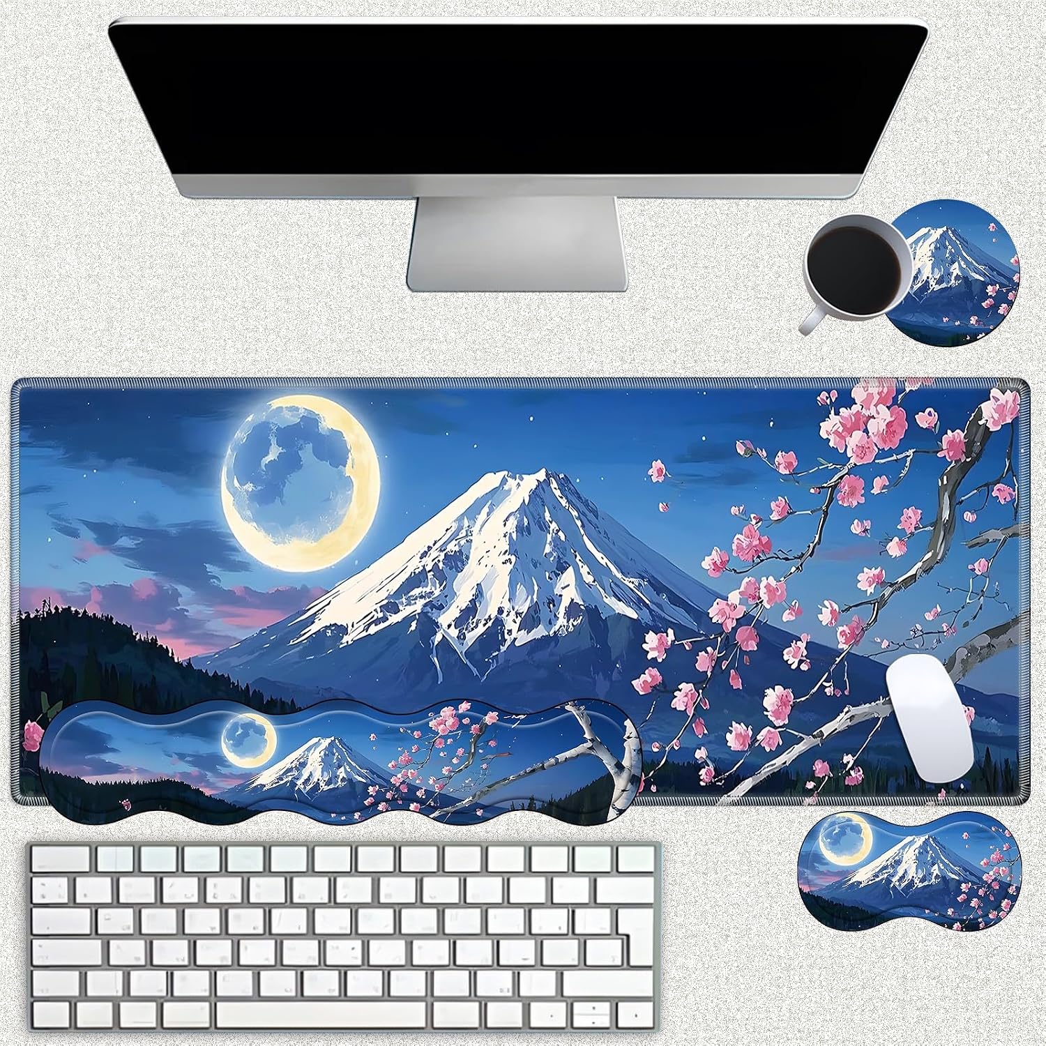 Desk Mat Large Gaming Mouse pad Set 31.5x11.8 inch [4in1Mousepad + Keyboard Wrist Rest+Mouse Wrist Rest+Coaster ] with Ergonomic Desk Pad for Home Office Table Computer - Full Moon Cherry Blossoms image 2