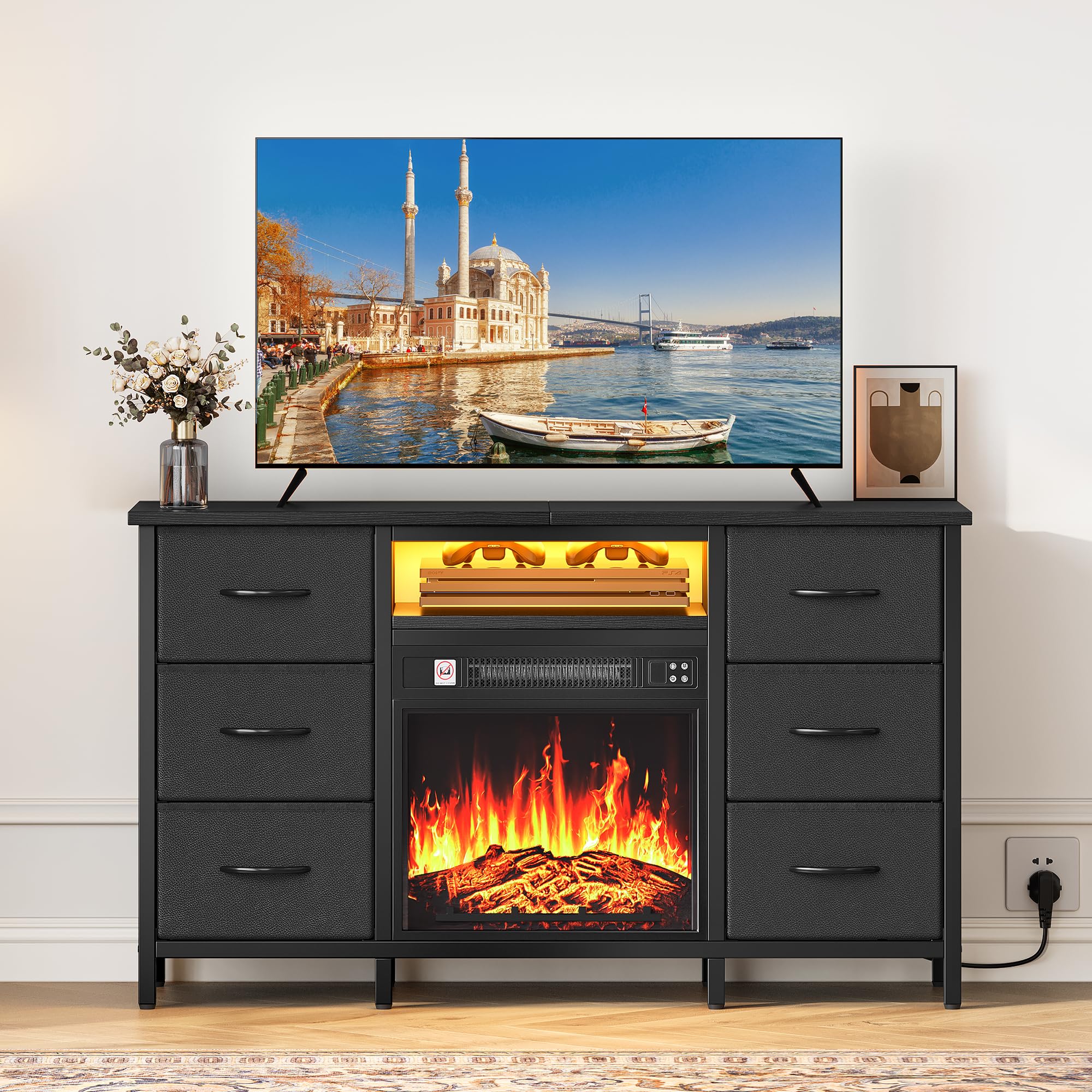 YITAHOME 6 Schubladen Elektrokamin mit Heizung, TV Schrank mit Kamin | Lowboard mit Elektrokamin, Kamin Elektrisch mit LED 3D-Flammeneffekt, Multifunktionaler Schubladenschrank
