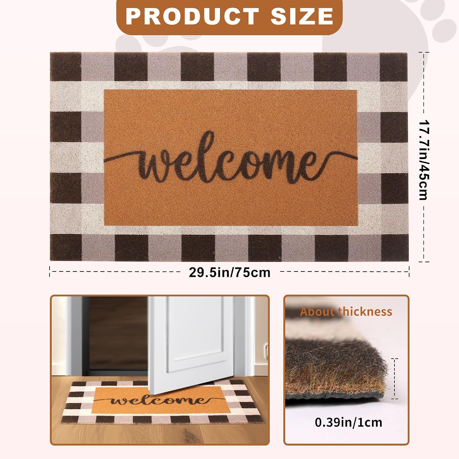 Dripykiaa Welcome Door Mat for Front Door, Buffalo Plaid Rug, 30" x 17", Black and Gray