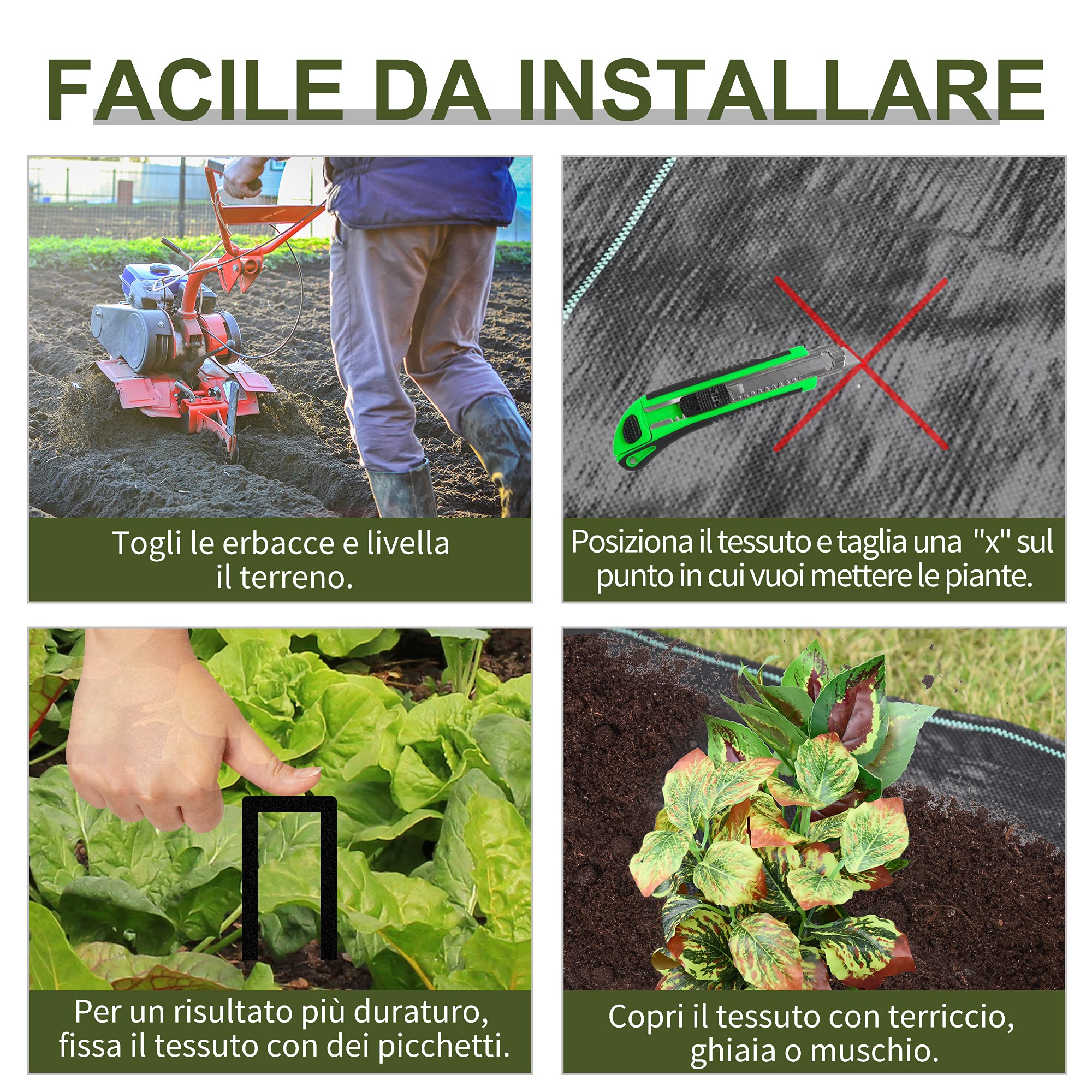 Outsunny Telo Pacciamatura 50x2m 100g/m² Telo Anti Erbacce Telo Nero per Orto, Serra, Giardino Drenante e Traspirante con Quadrettatura