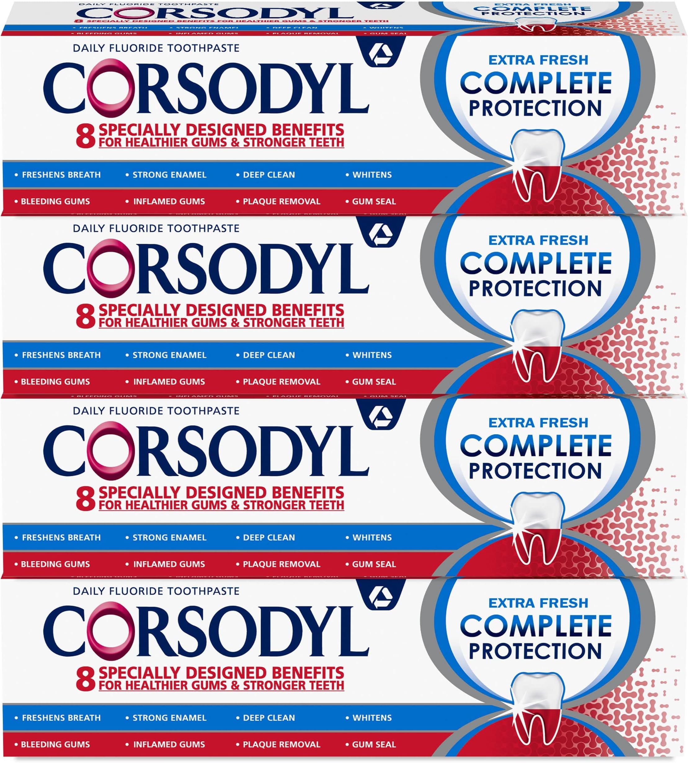 Corsodyl Complete Protection Toothpaste, Extra Fresh, Gum care, Fluoride Toothpaste, 4x75ml