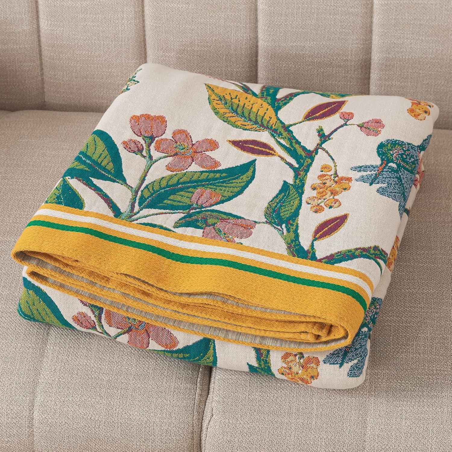 Snycler Boho Throw Blanket, 100% Cotton Soft Luxury Throw Rustic Quilt, 80"x90" Floral Printed Farmhouse Decor Bed Summer Blankets, All Season Rustic Reversible Bohemian Throw for Bed - Lemon - Image 7