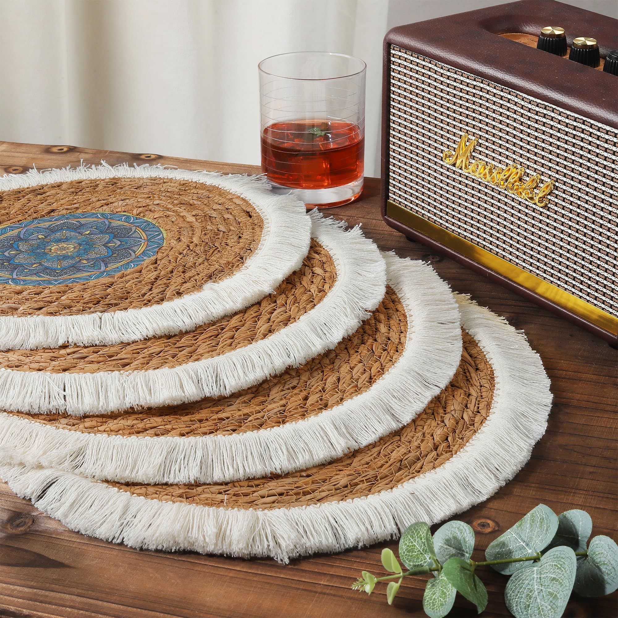 fanquare Bohemian Table Mats Set of 4 Rattan Braided Placemats and Napkin Rings Round Table Mats with Tassels Heat Resistant Washable Non-Slip Tablemats for Dining Kitchen Table Decoration 35cm - Image 4