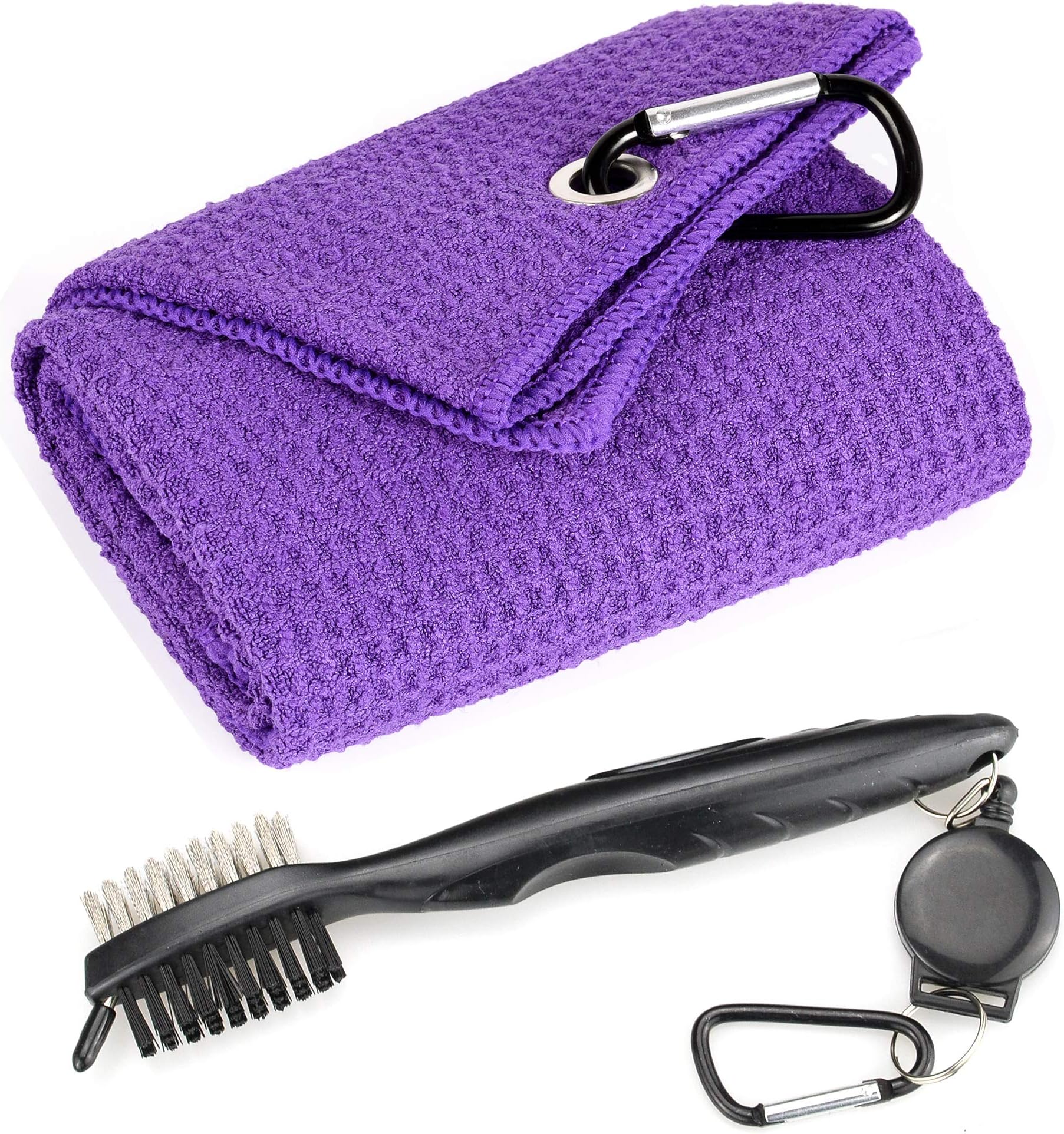 Mile High Life Golf Towels - Microfiber Waffle Pattern Tri-fold, Brush Tool Kit with Club Groove Cleaner with Retractable Cord and Clip, for Men Women, Golf Gift