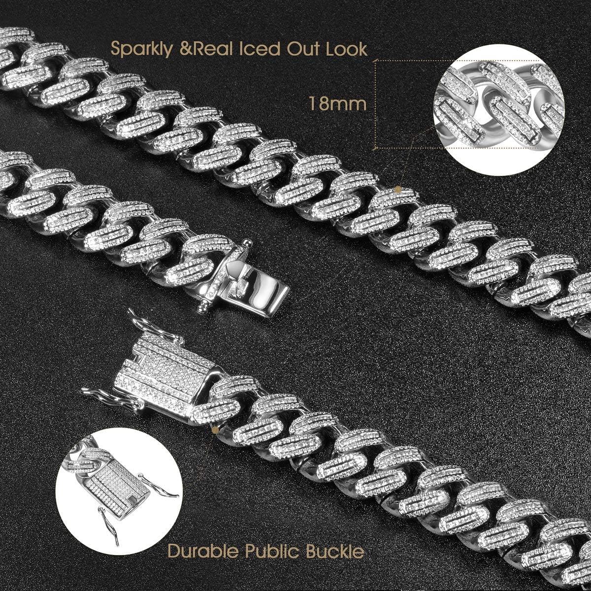 Full Iced Out 18mm Thick Cuban Link Chain for Men Miami Cuban Necklace/Bracelet White Gold/18K Gold Plated 5A+ Cubic Zirconia Bling Simulated Diamond Hip Hop Jewelry for Men Women 8.5"-28" - Image 2