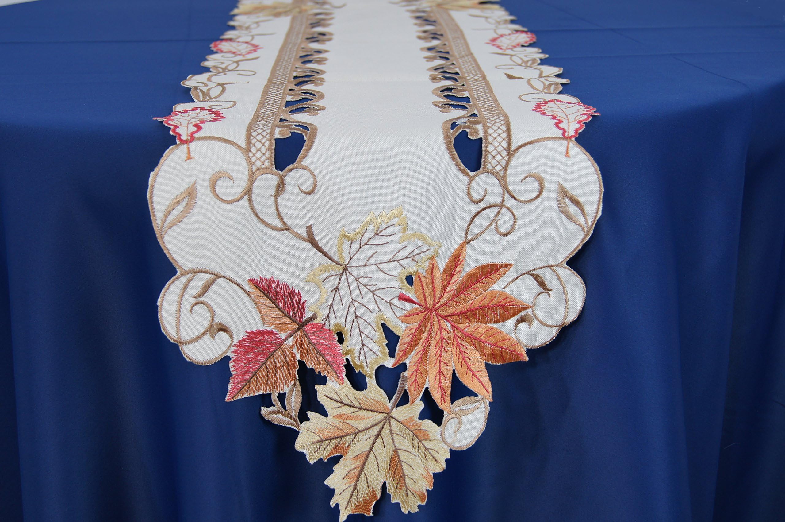 Table Runner – Ecru Colourful Embroidery Autumn Leaves (30/160 cm)